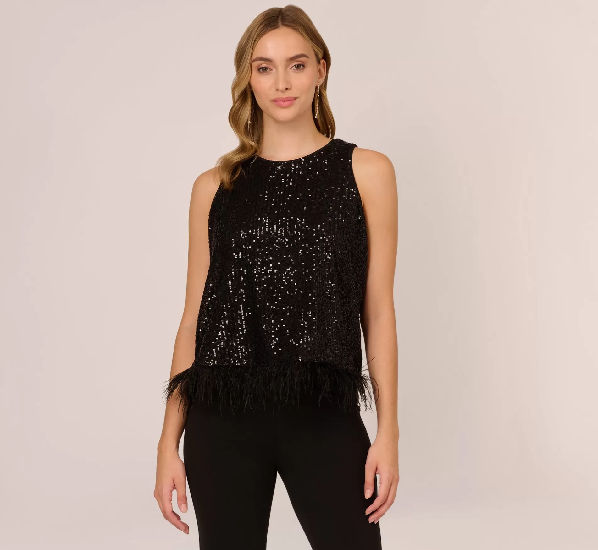 Cheap Sequin Sleeveless Top With Feather Trim In Black Separates | Separates