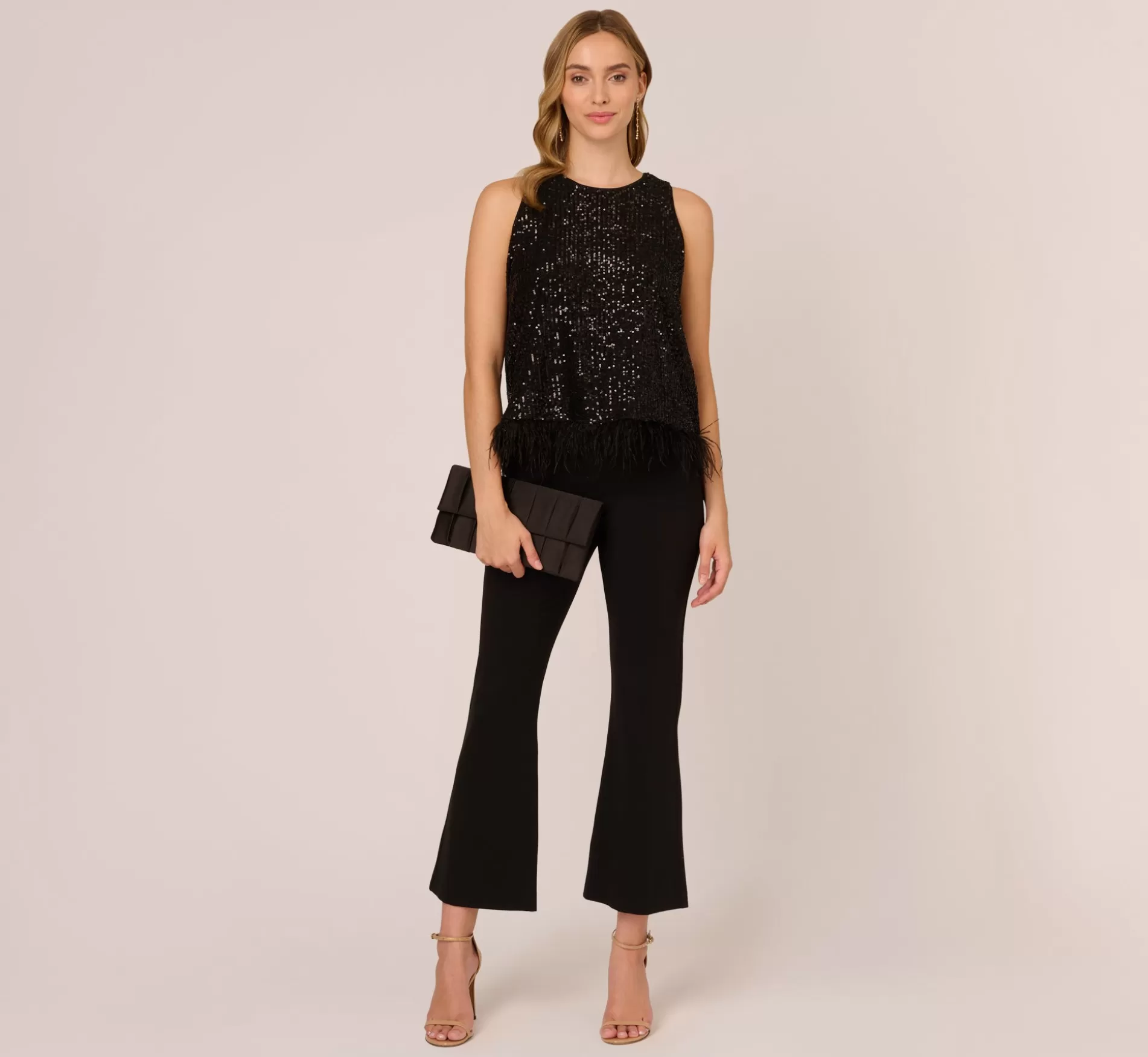 Cheap Sequin Sleeveless Top With Feather Trim In Black Separates | Separates