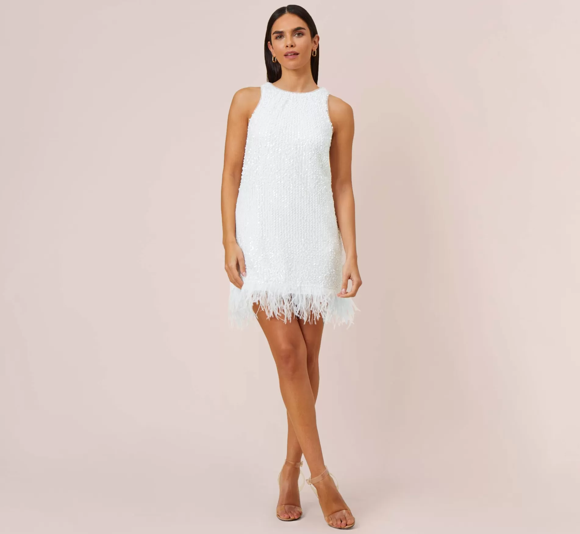 Best Sale Sequined Trapeze Halter Dress With Feather Trim In Ivory Little White Dresses | Best Sellers