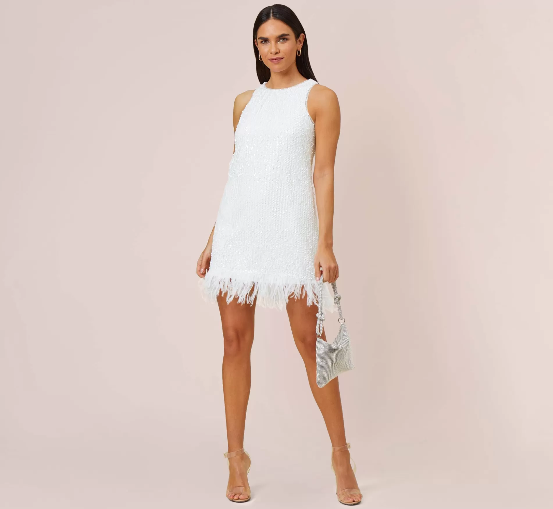 Best Sale Sequined Trapeze Halter Dress With Feather Trim In Ivory Little White Dresses | Best Sellers