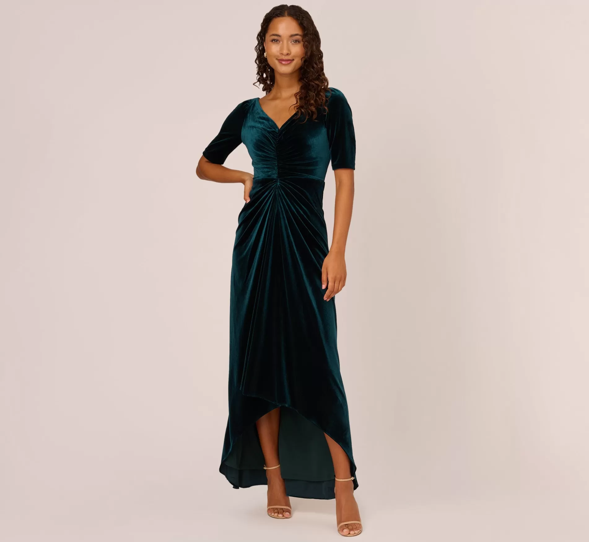 New Shirred Velvet Gown With Elbow-Length Sleeves In Emerald Long Dresses | Black Tie