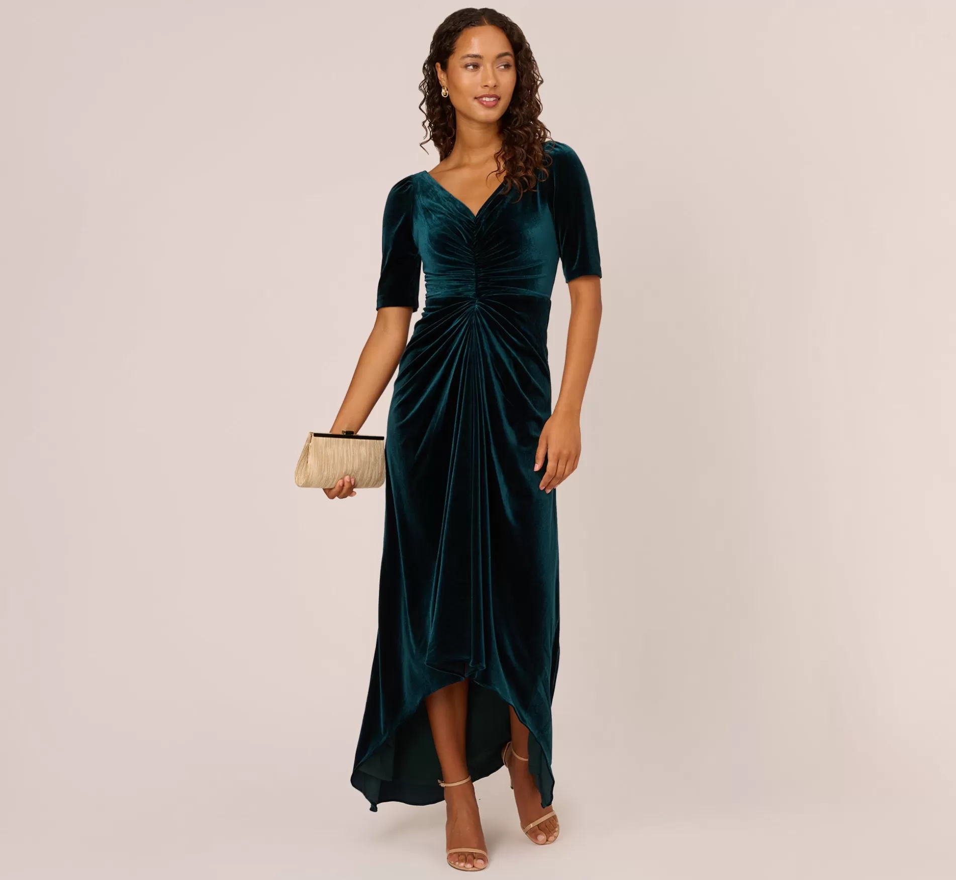 New Shirred Velvet Gown With Elbow-Length Sleeves In Emerald Long Dresses | Black Tie