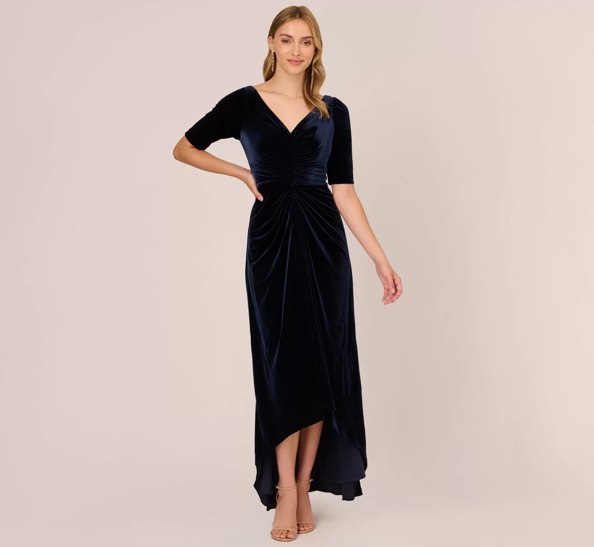 Cheap Shirred Velvet Gown With Elbow-Length Sleeves In Midnight Long Dresses | Black Tie