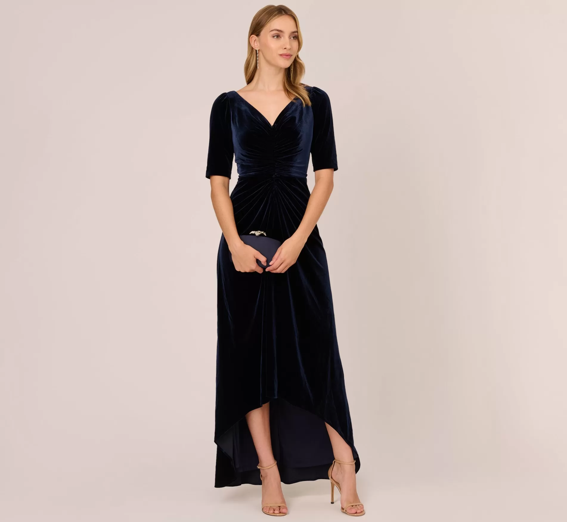 Cheap Shirred Velvet Gown With Elbow-Length Sleeves In Midnight Long Dresses | Black Tie