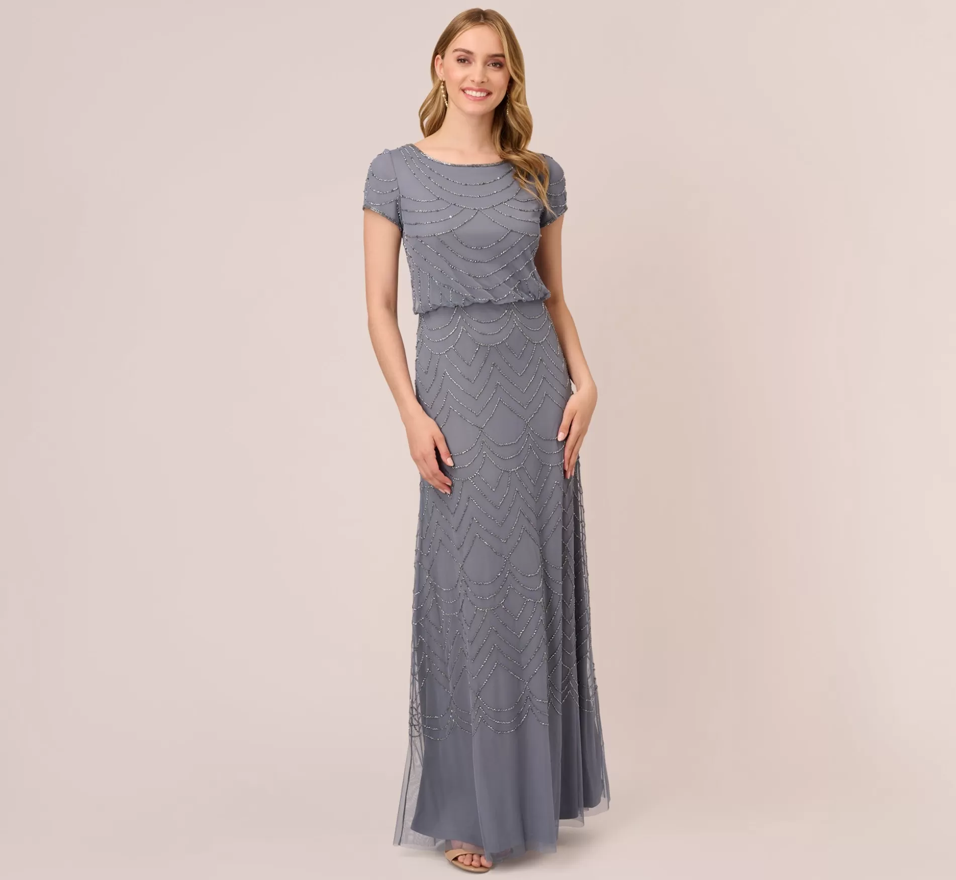 Store Short Sleeve Beaded Blouson Gown In Dusty Blue Signature Blouson Collection | Long Dresses