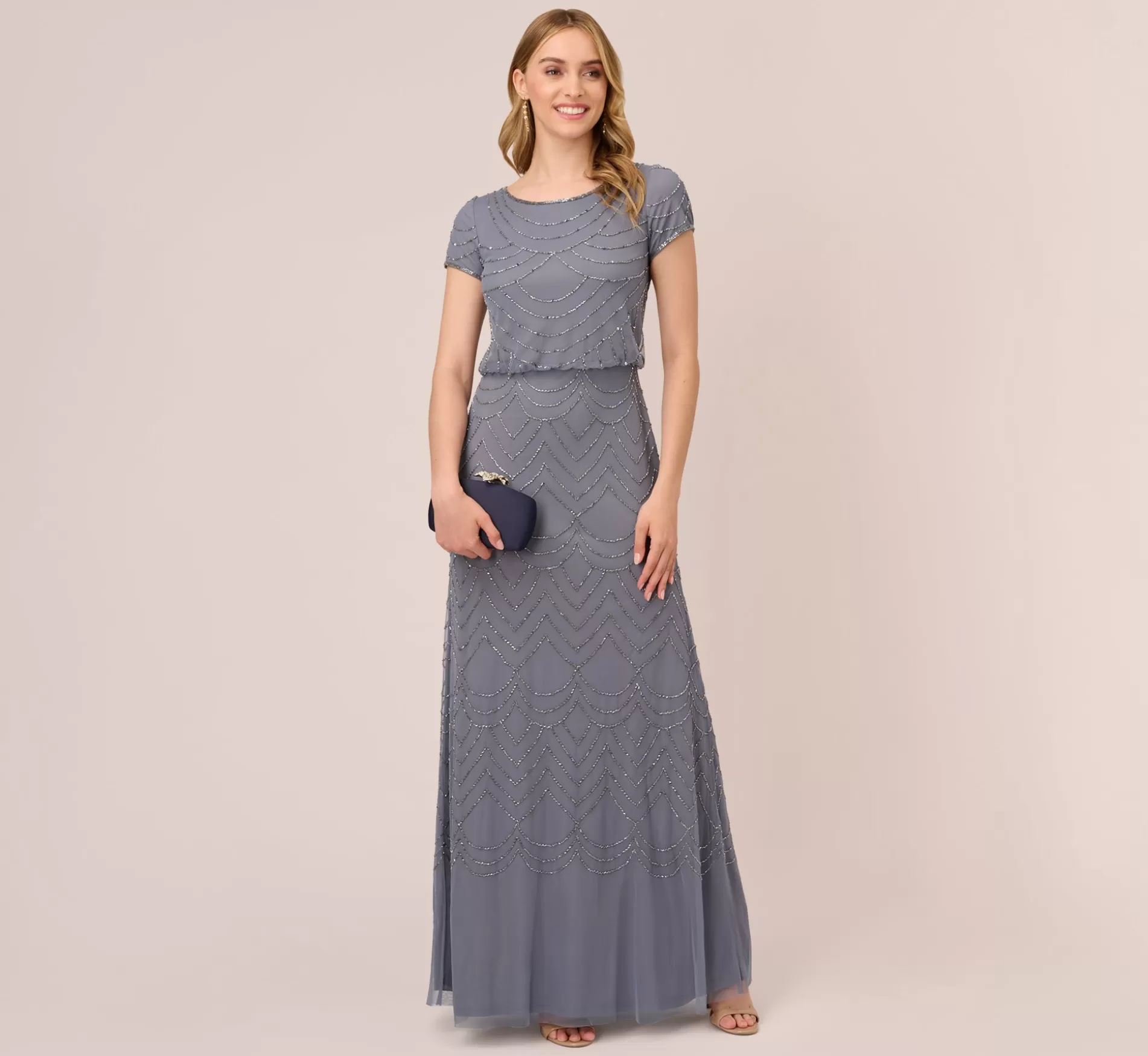 Store Short Sleeve Beaded Blouson Gown In Dusty Blue Signature Blouson Collection | Long Dresses