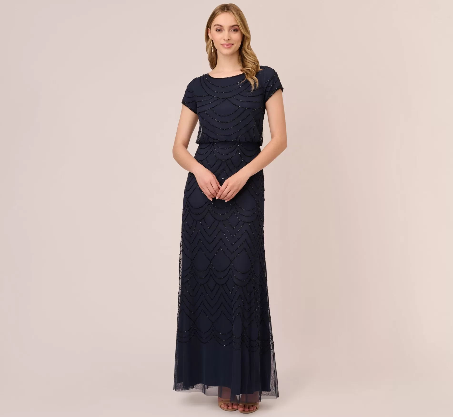 Best Short Sleeve Beaded Blouson Gown In Navy Black Signature Blouson Collection | Long Dresses