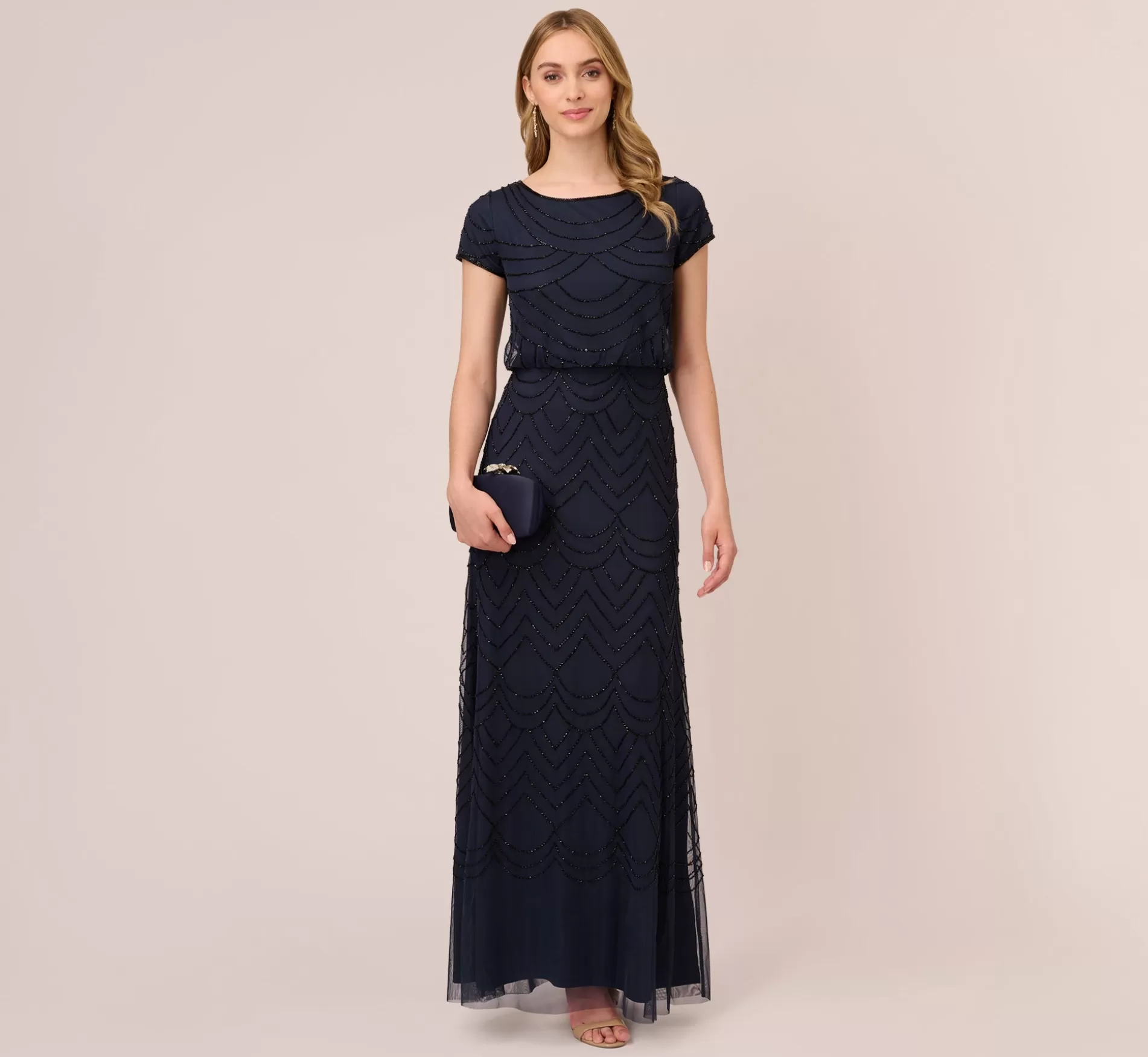 Best Short Sleeve Beaded Blouson Gown In Navy Black Signature Blouson Collection | Long Dresses