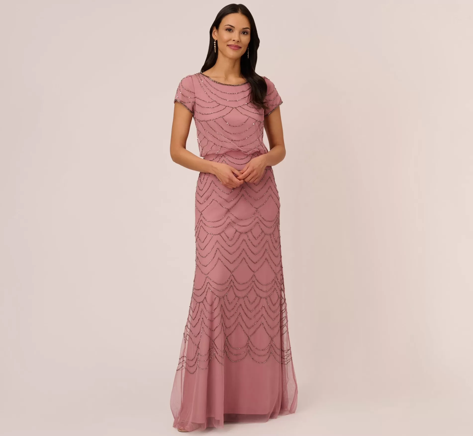 Store Short Sleeve Beaded Blouson Gown In Rose Mercury Signature Blouson Collection | Long Dresses