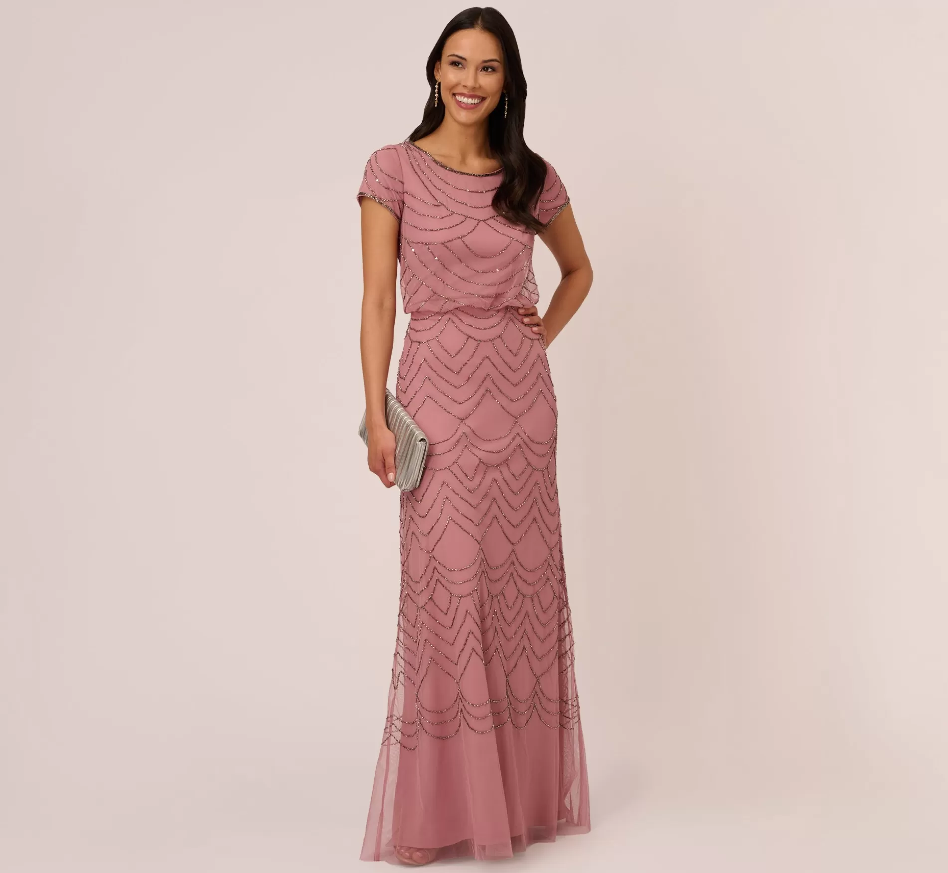 Store Short Sleeve Beaded Blouson Gown In Rose Mercury Signature Blouson Collection | Long Dresses