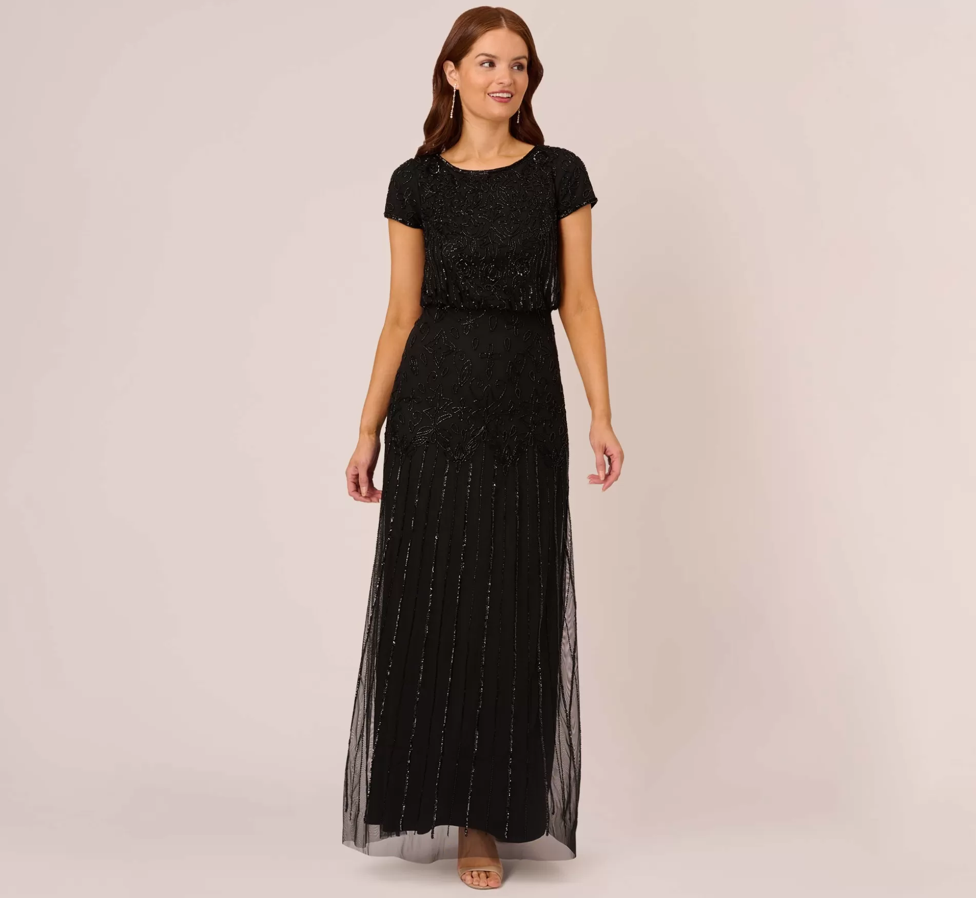 Clearance Short Sleeve Blouson Beaded Gown In Black Signature Blouson Collection | Long Dresses