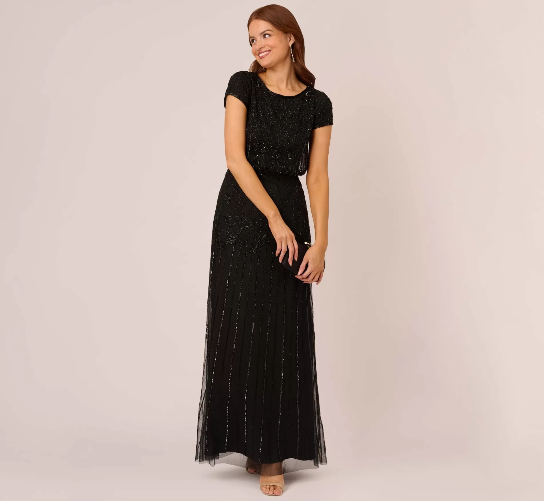 Clearance Short Sleeve Blouson Beaded Gown In Black Signature Blouson Collection | Long Dresses