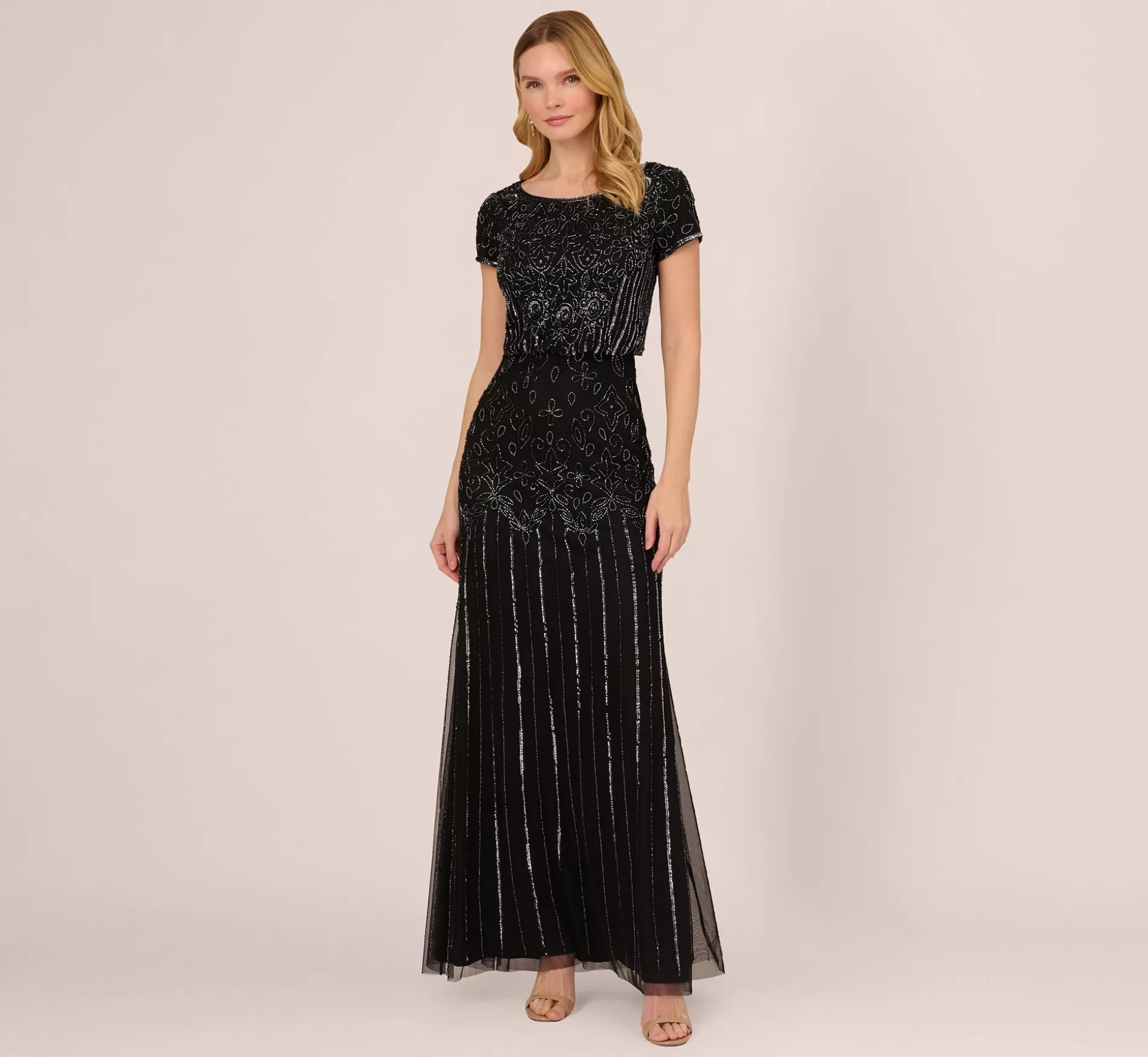 Outlet Short Sleeve Blouson Beaded Gown In Black Gunmetal Formal | Floral