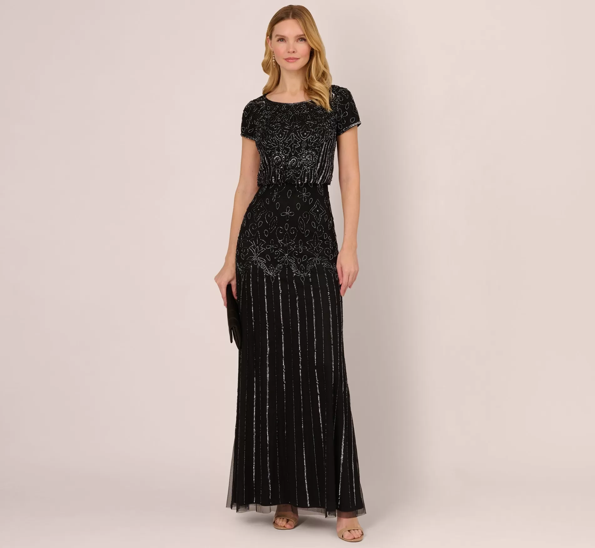 Outlet Short Sleeve Blouson Beaded Gown In Black Gunmetal Formal | Floral