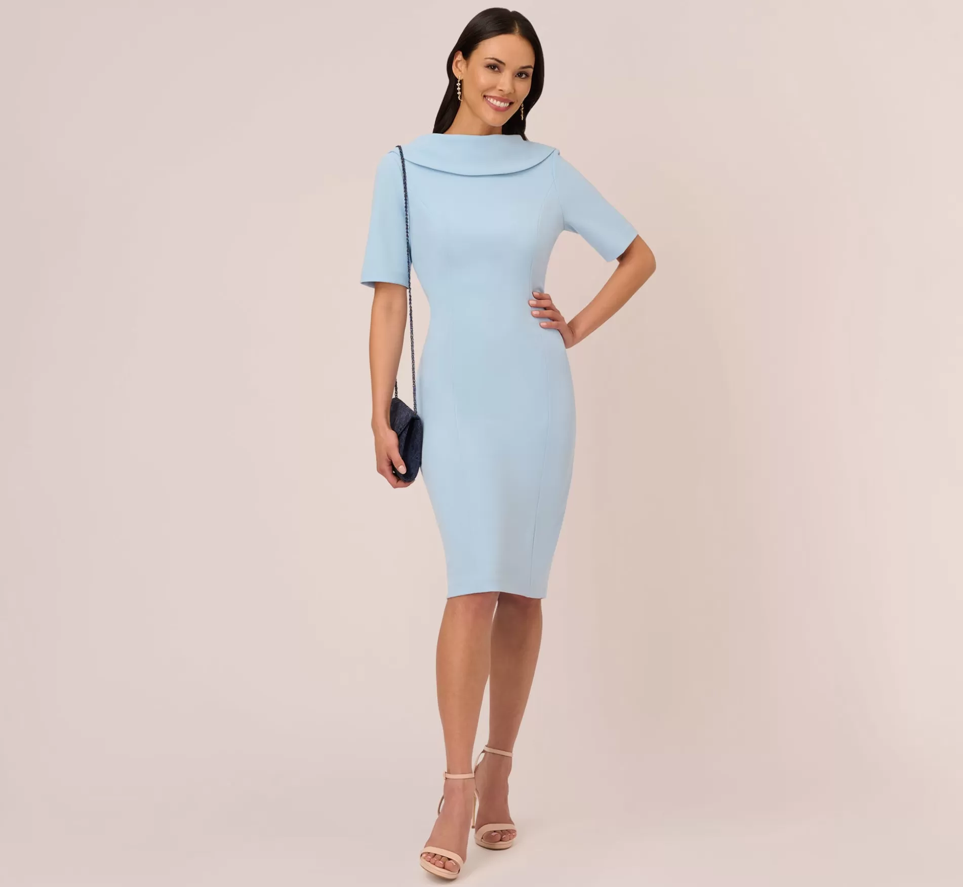 Online Short Sleeve Crepe Dress With Rolled Neck In Blue Mist Best Sellers | Day Dresses