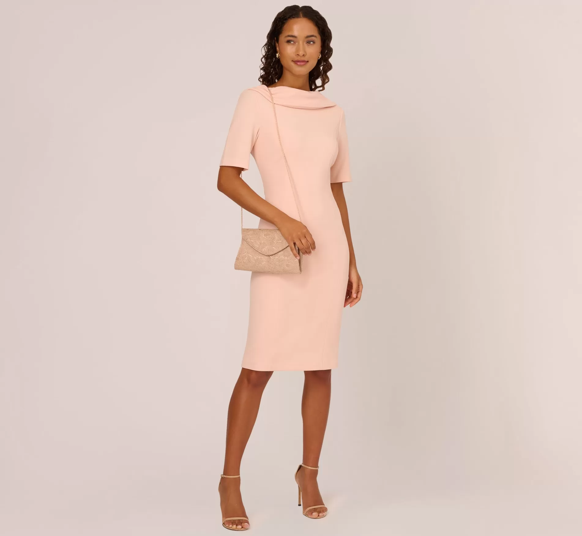 Flash Sale Short Sleeve Crepe Dress With Rolled Neck In Blush Day Dresses | Midi Dresses