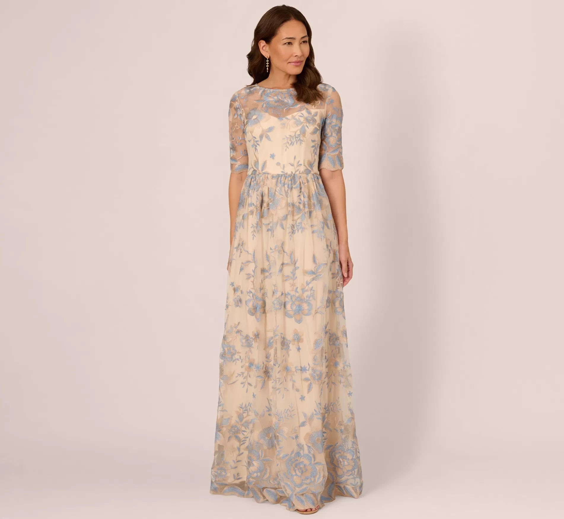 Outlet Short Sleeve Floral Embroidered Dress With Sheer Neckline In Thundercloud Gold Black Tie | Floral