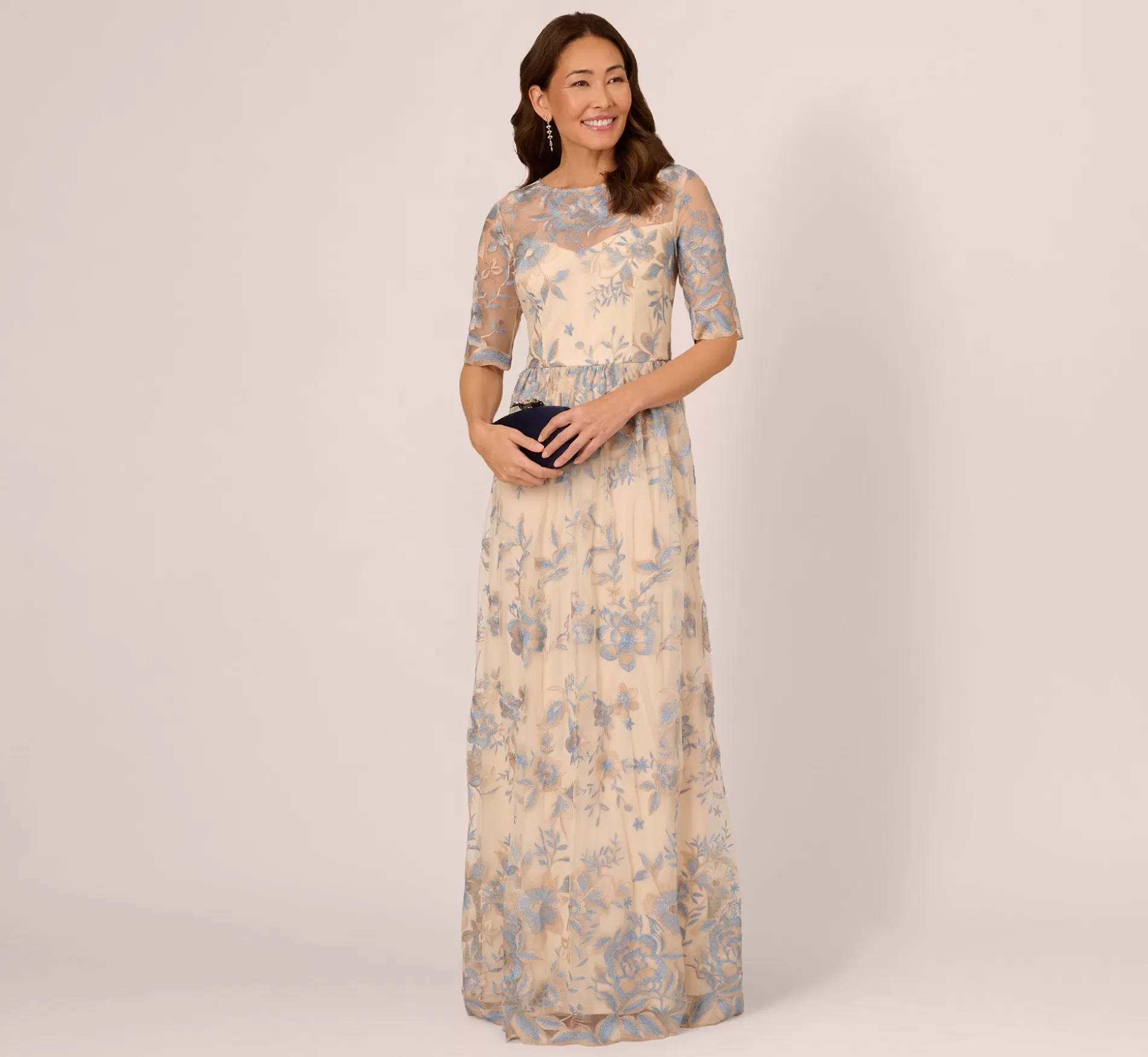 Outlet Short Sleeve Floral Embroidered Dress With Sheer Neckline In Thundercloud Gold Black Tie | Floral
