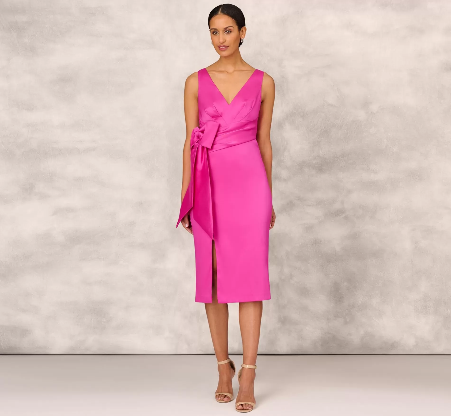 Cheap Shutter Pleat Satin Dress In Pink Flame Midi Dresses | Knee Length Dresses