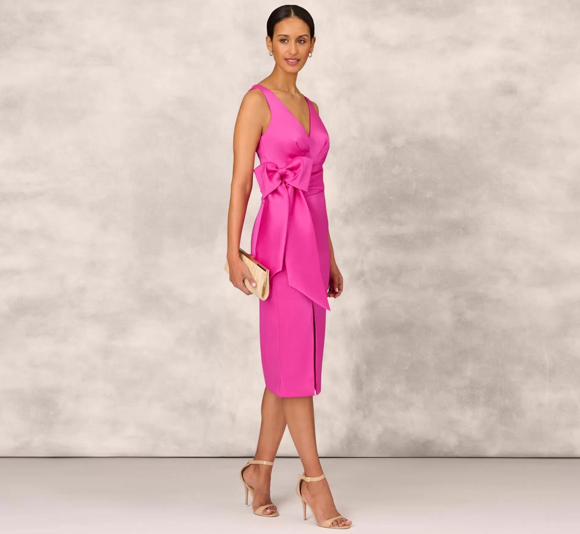 Cheap Shutter Pleat Satin Dress In Pink Flame Midi Dresses | Knee Length Dresses