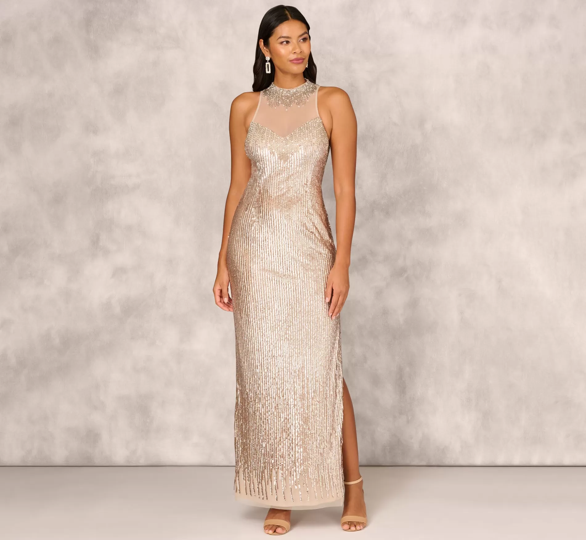 Flash Sale Sleeveless Beaded Column Gown With Illusion Neckline In Champagne Formal | Long Dresses