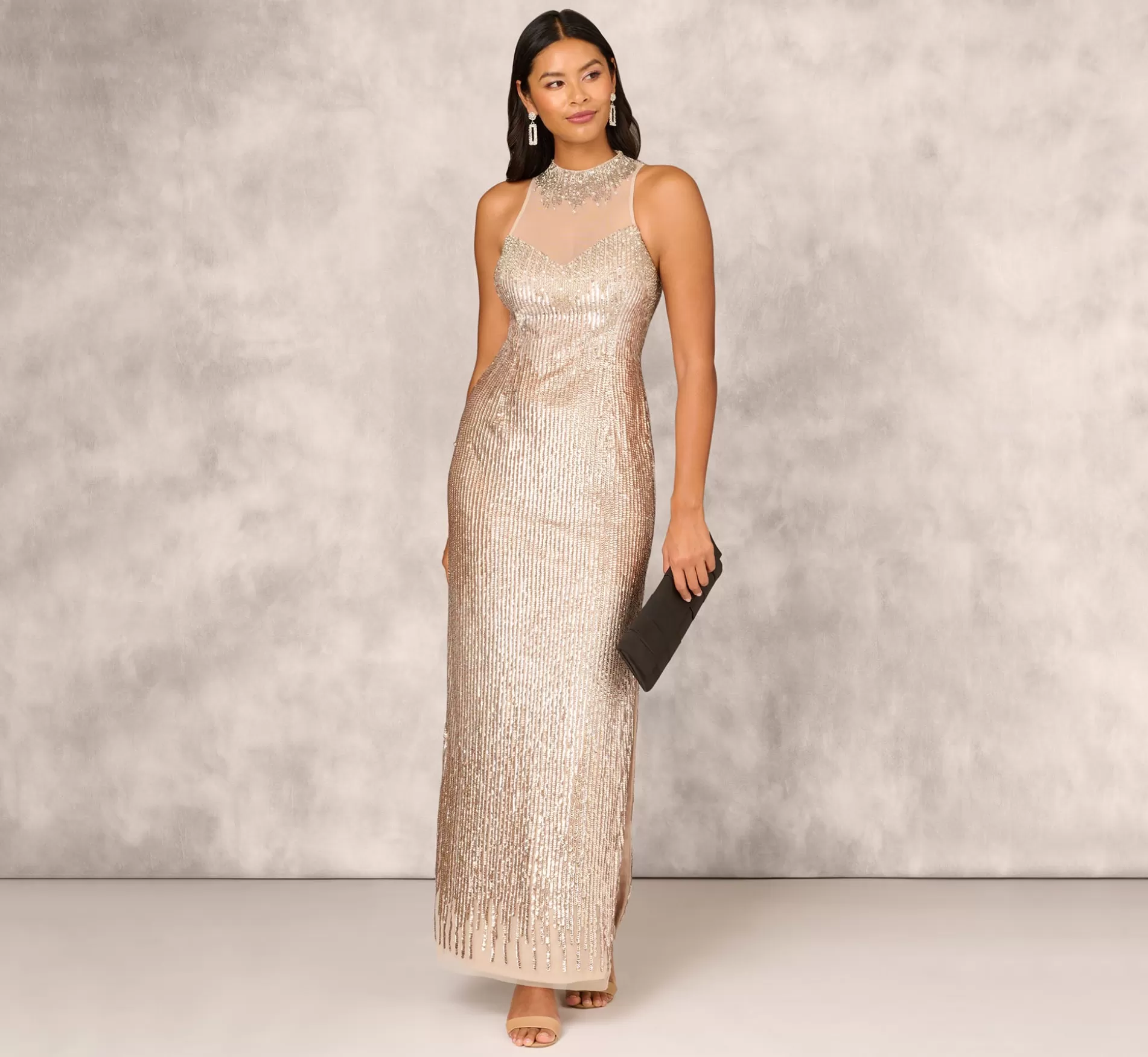 Flash Sale Sleeveless Beaded Column Gown With Illusion Neckline In Champagne Formal | Long Dresses