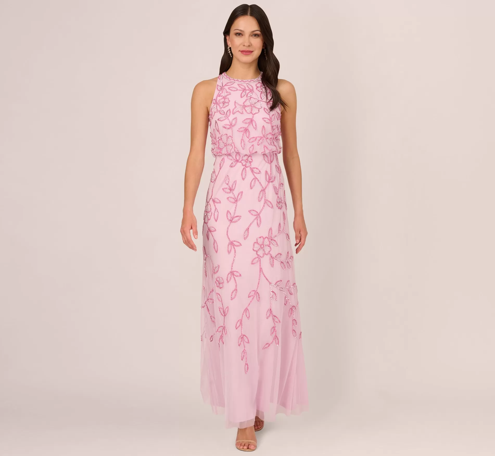 Clearance Sleeveless Blouson Mermaid Gown With Jasmine Beading In Pink Lace Long Dresses | Black Tie