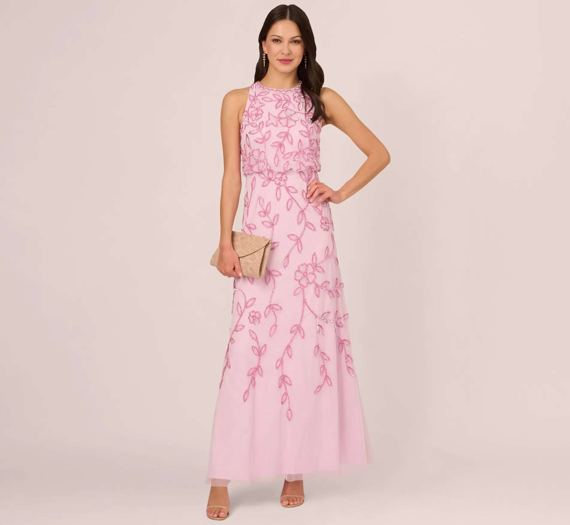 Clearance Sleeveless Blouson Mermaid Gown With Jasmine Beading In Pink Lace Long Dresses | Black Tie