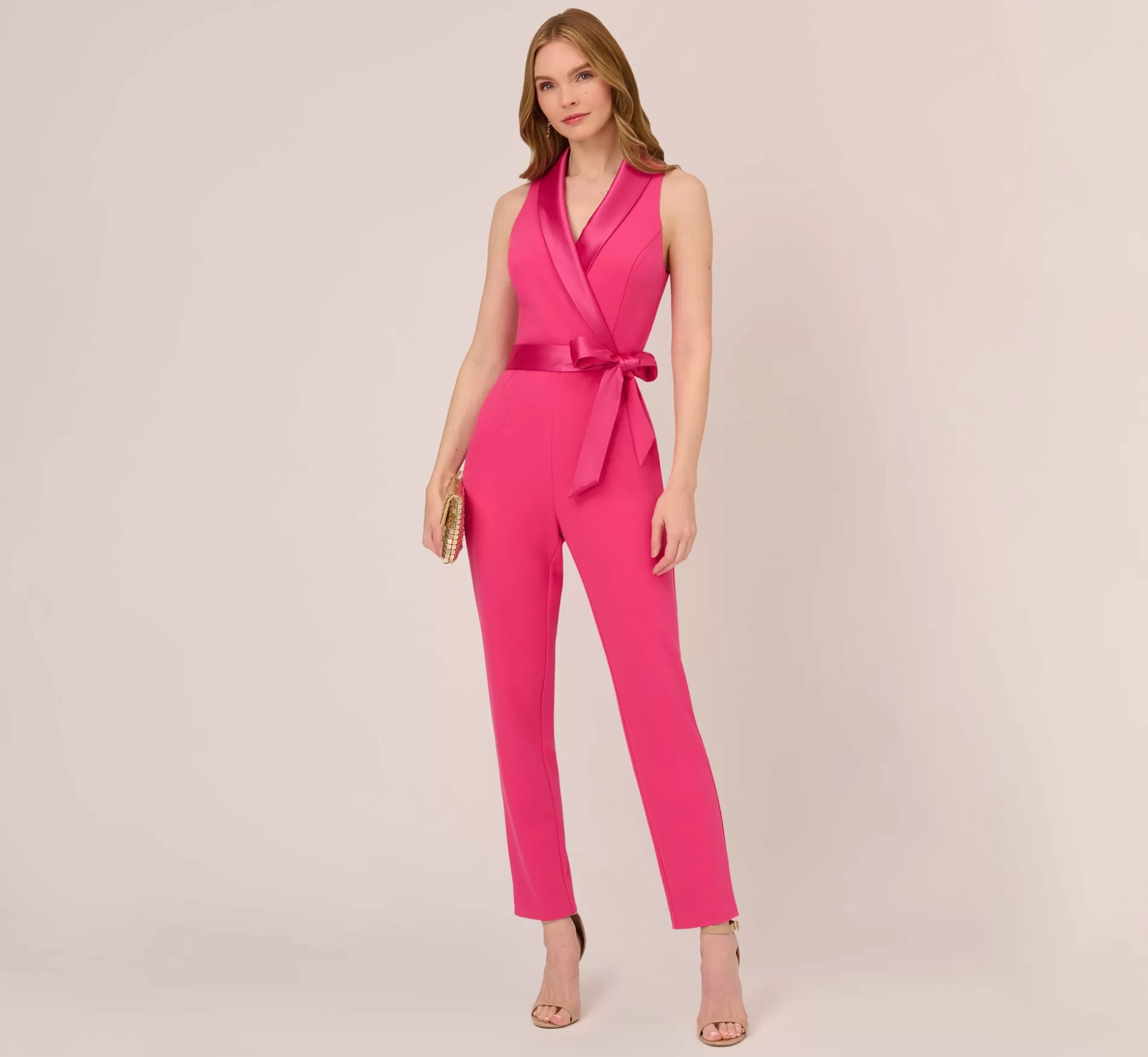 Cheap Sleeveless Crepe Jumpsuit With Tuxedo Collar In Cabaret Pink Jumpsuits | Day Dresses