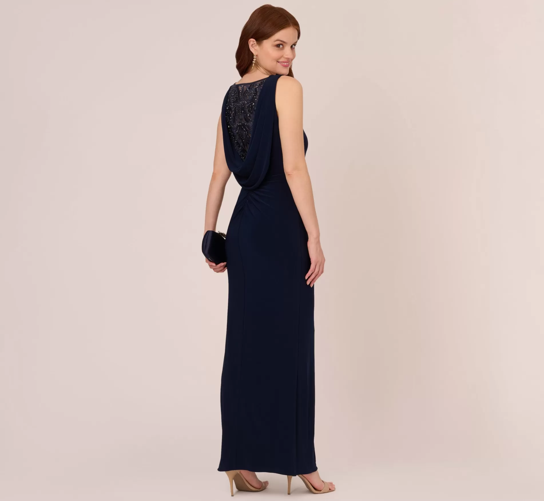 Shop Sleeveless Jersey Gown With Embellished Lace Cowl Back In Midnight Black Tie | Long Dresses