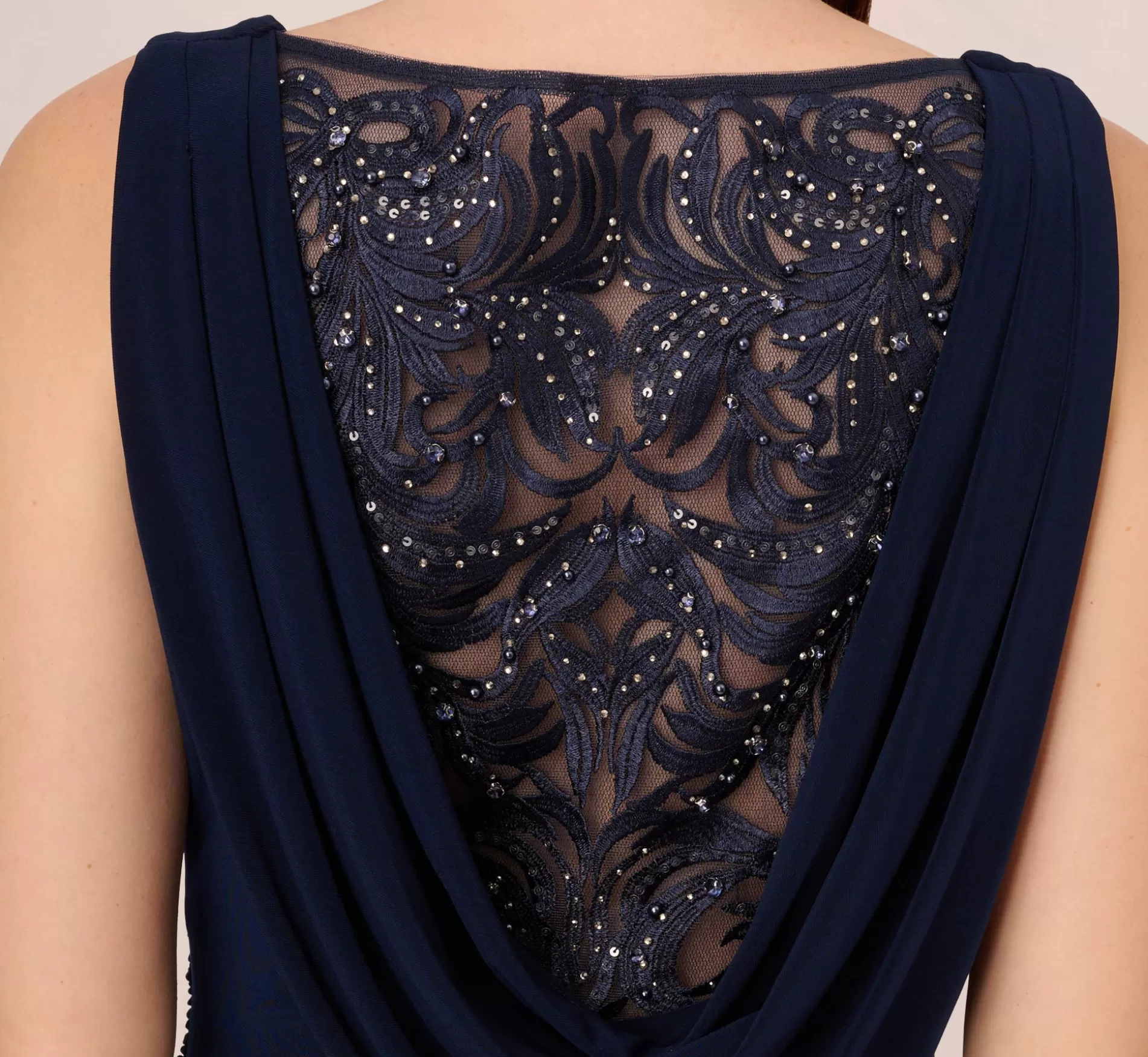 Shop Sleeveless Jersey Gown With Embellished Lace Cowl Back In Midnight Black Tie | Long Dresses