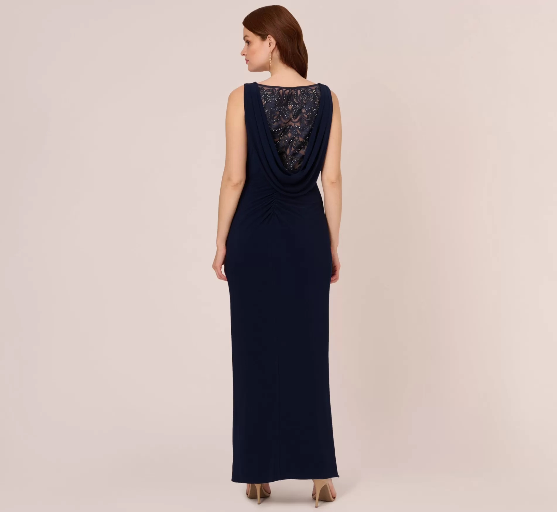 Shop Sleeveless Jersey Gown With Embellished Lace Cowl Back In Midnight Black Tie | Long Dresses