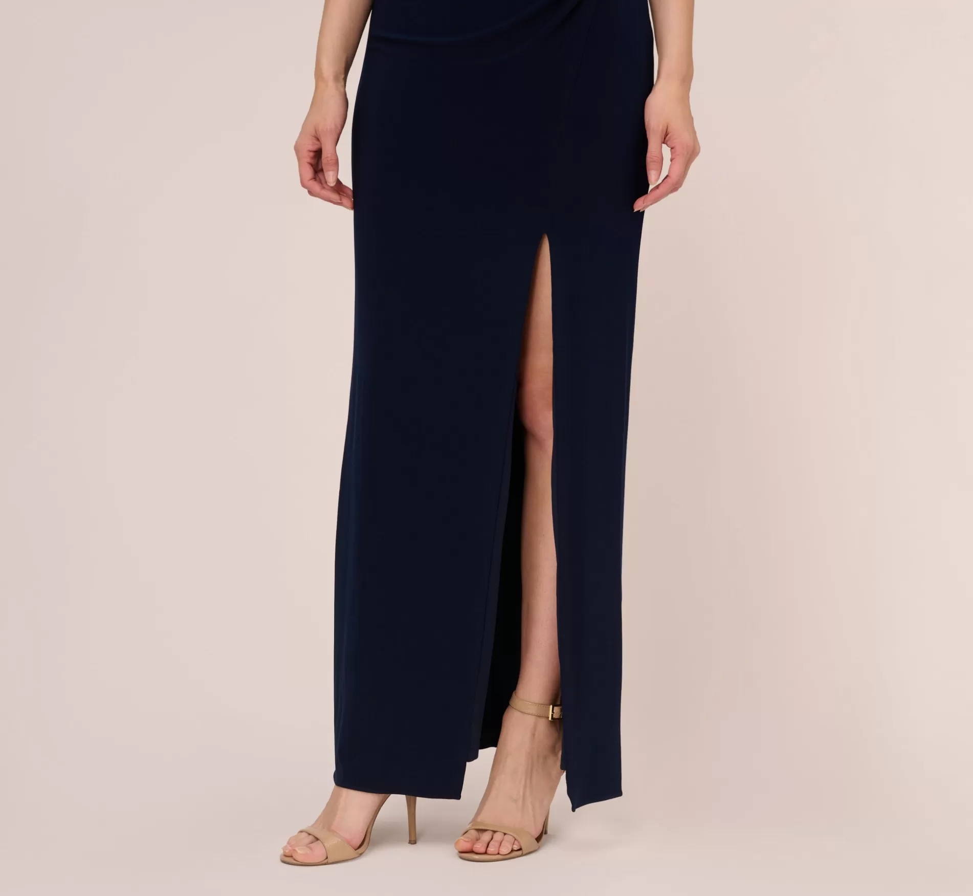 Shop Sleeveless Jersey Gown With Embellished Lace Cowl Back In Midnight Black Tie | Long Dresses