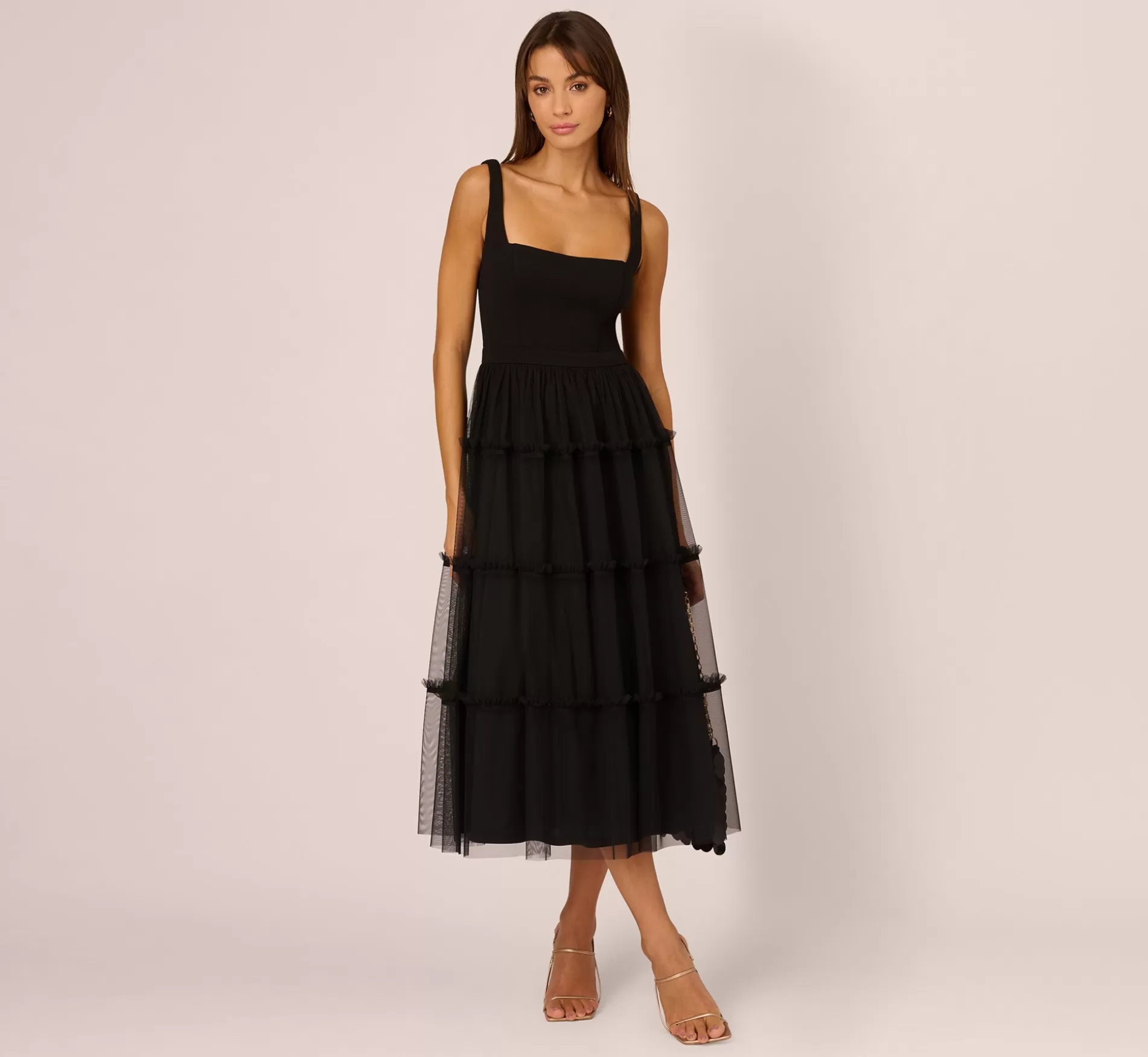 Discount Sleeveless Midi Dress With Square Neck And Tiered Skirt In Black Best Sellers | Midi Dresses