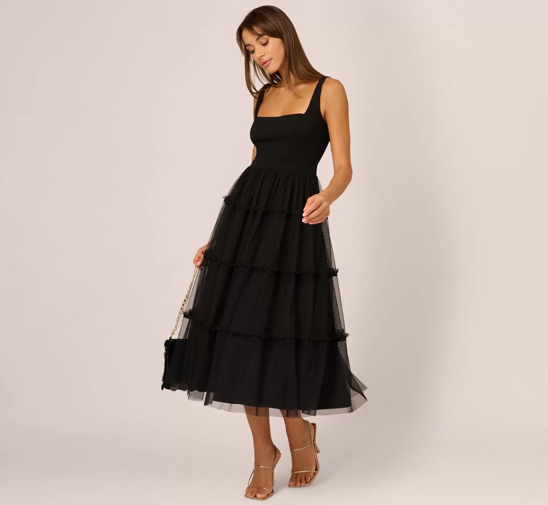 Discount Sleeveless Midi Dress With Square Neck And Tiered Skirt In Black Best Sellers | Midi Dresses