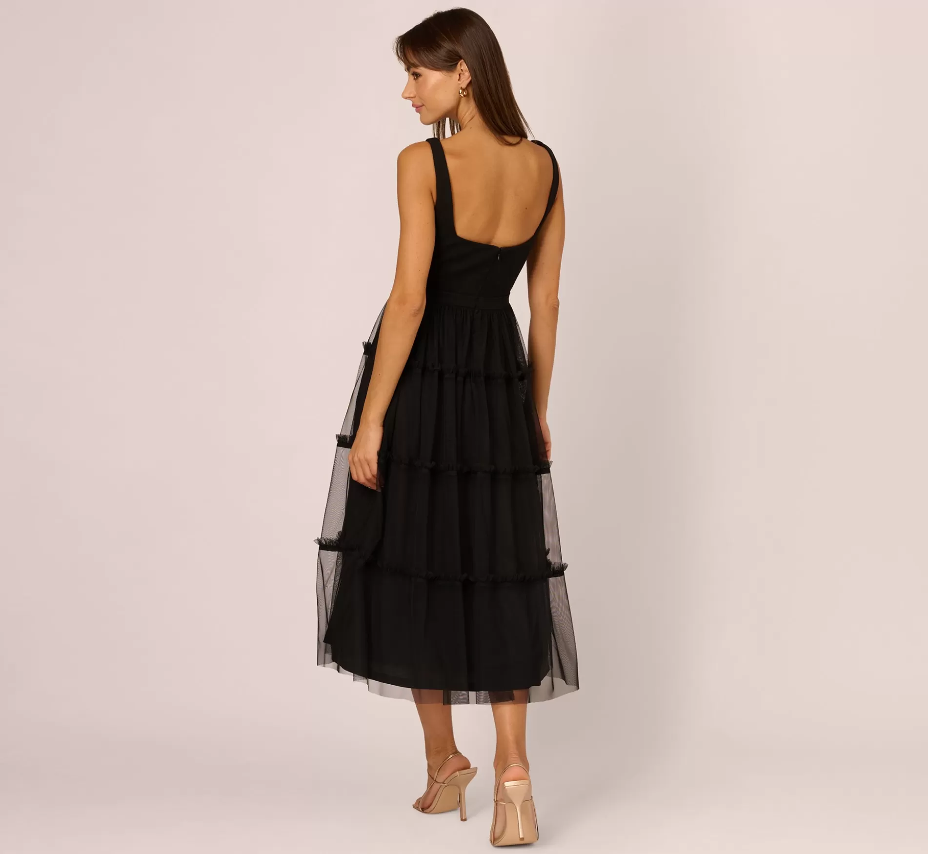 Discount Sleeveless Midi Dress With Square Neck And Tiered Skirt In Black Best Sellers | Midi Dresses