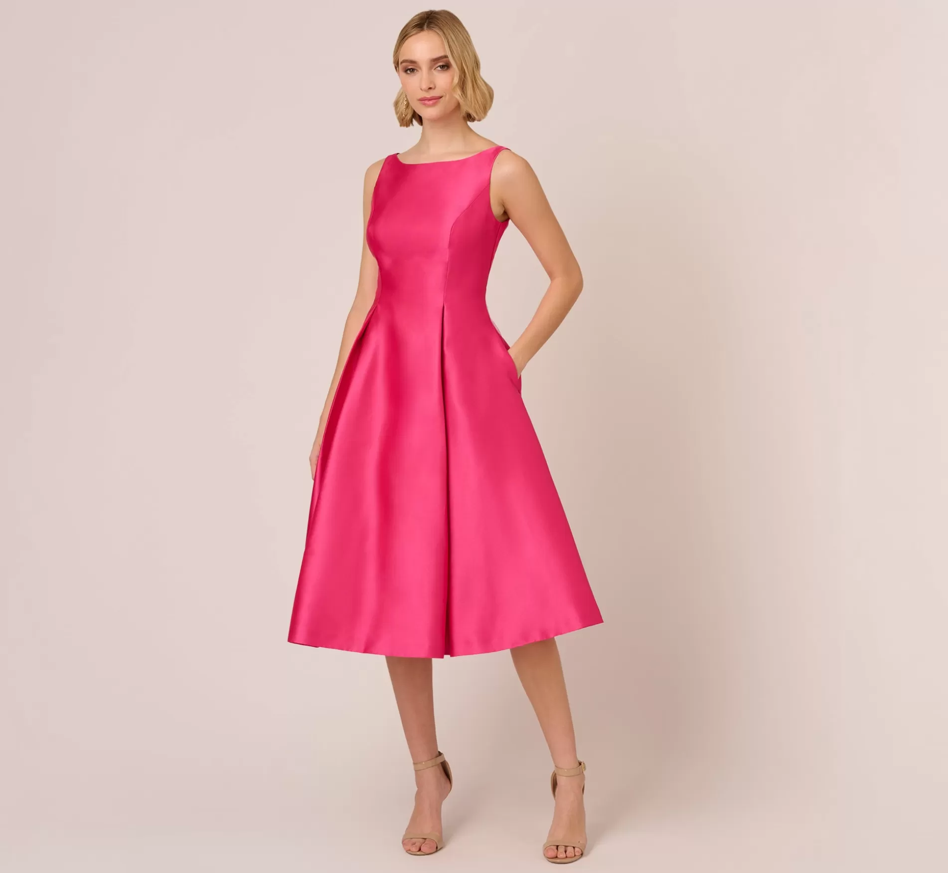 Flash Sale Sleeveless Mikado Fit And Flare Midi Dress With V-Back In Electric Pink Cocktail | Formal