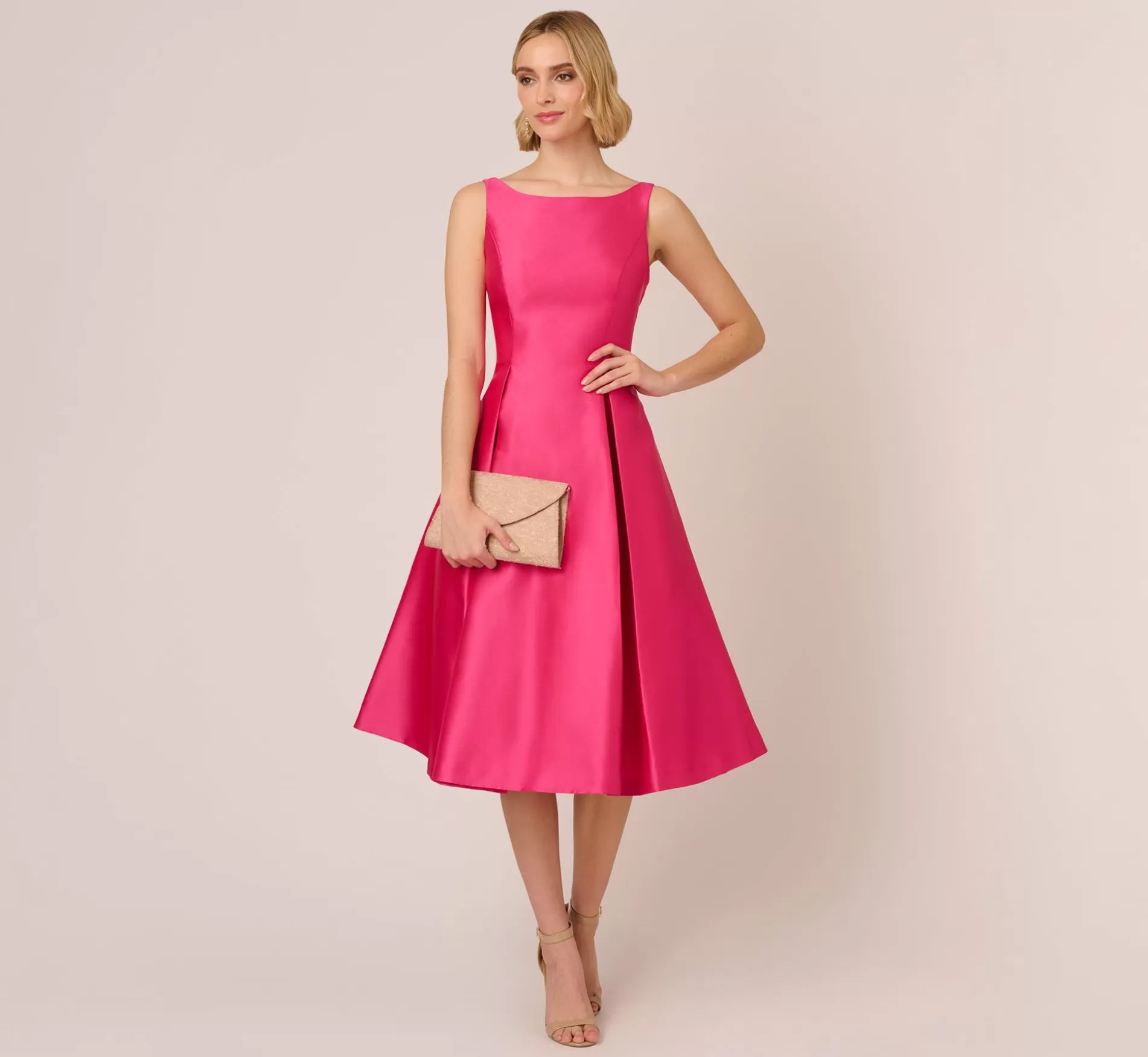Flash Sale Sleeveless Mikado Fit And Flare Midi Dress With V-Back In Electric Pink Cocktail | Formal