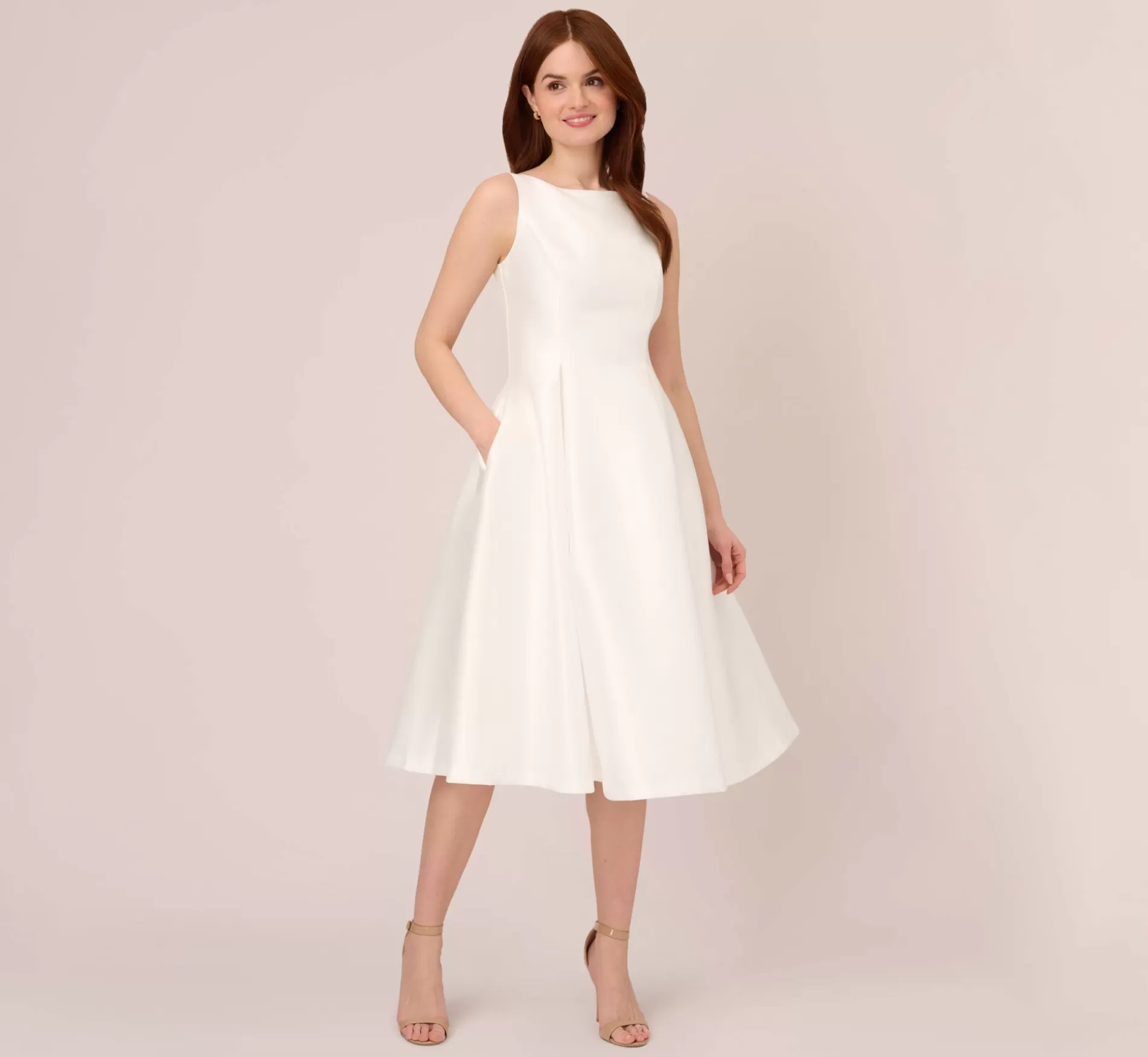 Cheap Sleeveless Mikado Fit And Flare Midi Dress With V-Back In Ivory Little White Dresses | Best Sellers