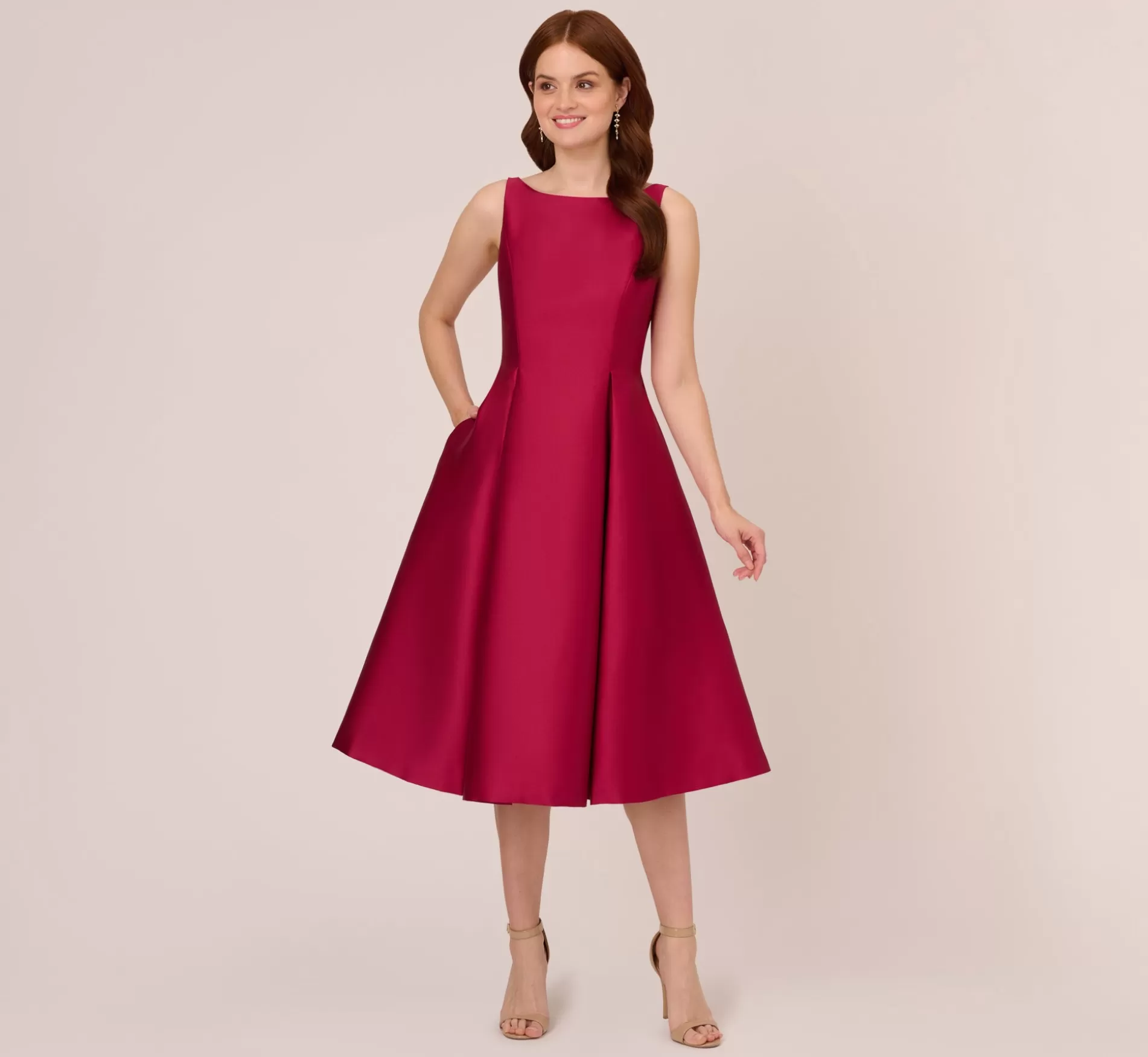 Flash Sale Sleeveless Mikado Fit And Flare Midi Dress With V-Back In Red Plum Best Sellers | Cocktail