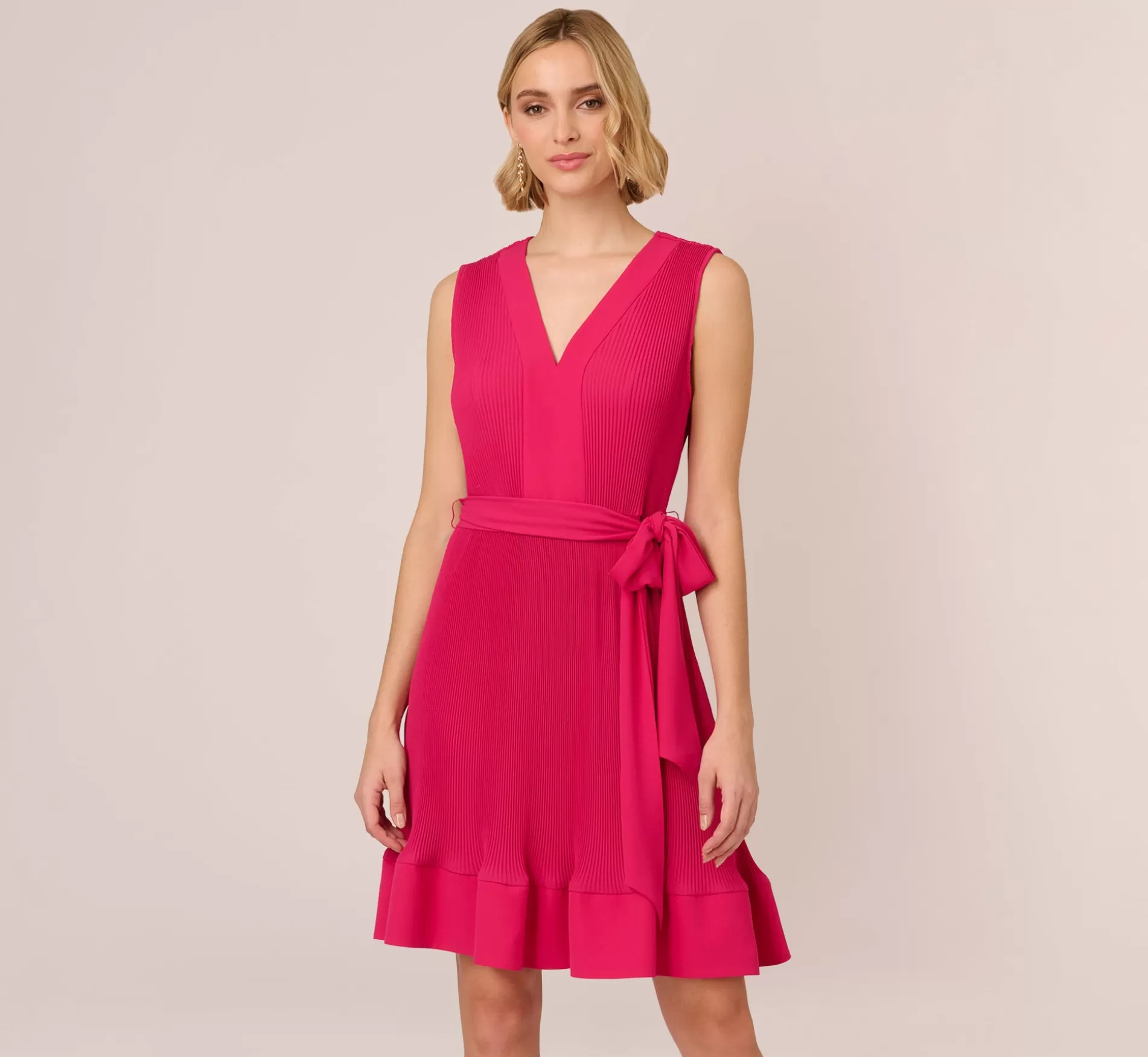 Shop Sleeveless Pleated Dress With Self Tie Waist In Hot Pink Formal | Day Dresses