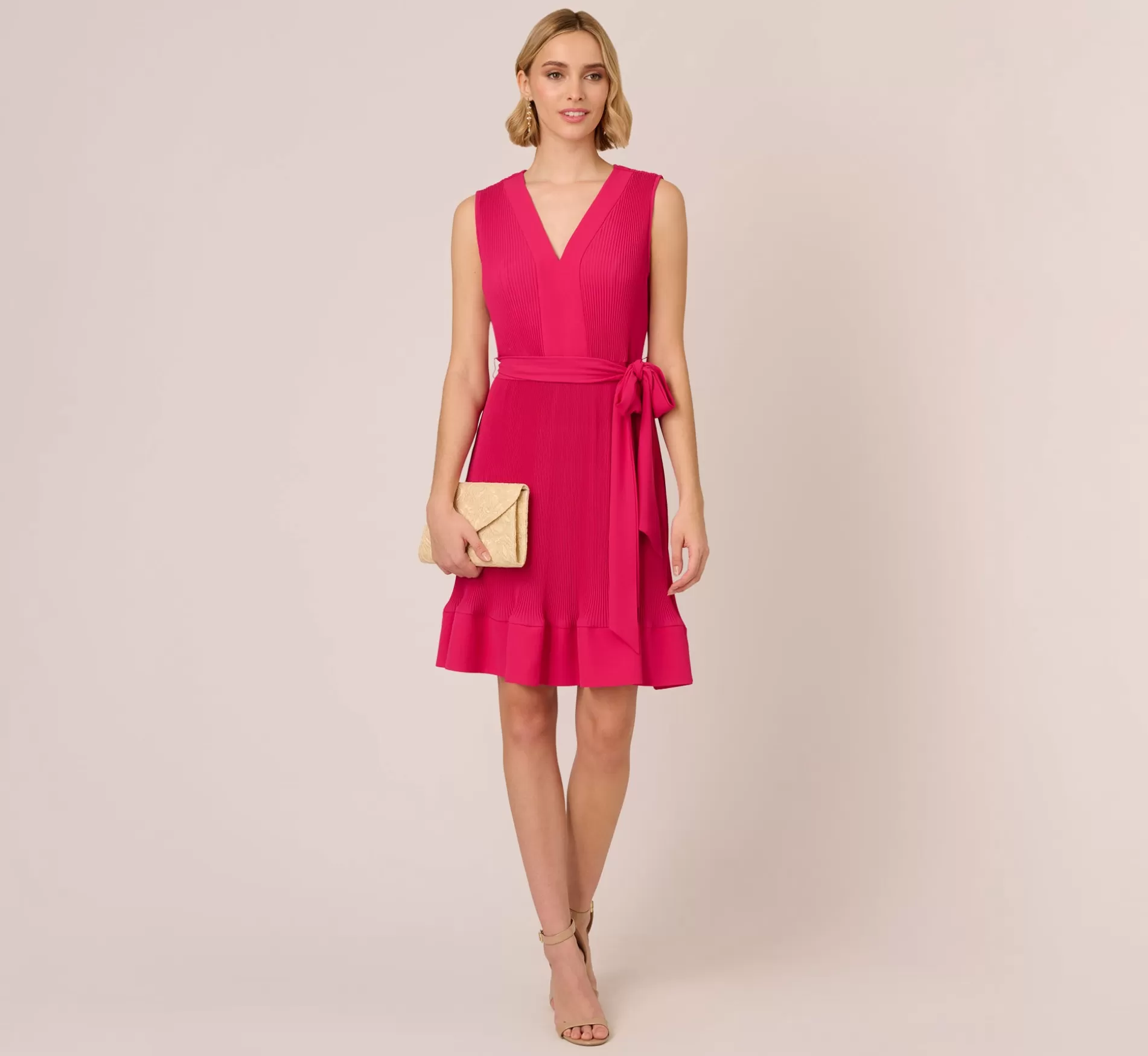 Shop Sleeveless Pleated Dress With Self Tie Waist In Hot Pink Formal | Day Dresses