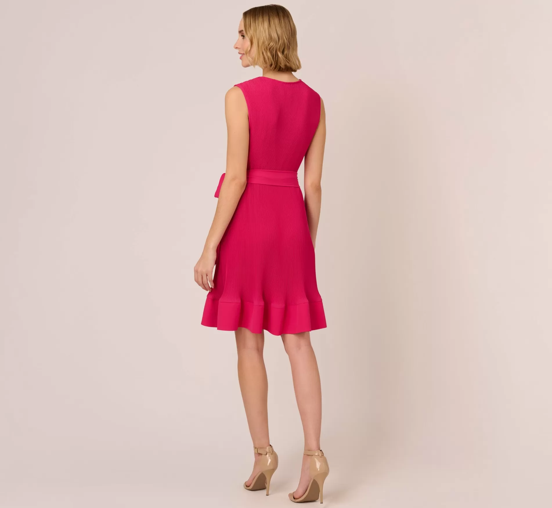Shop Sleeveless Pleated Dress With Self Tie Waist In Hot Pink Formal | Day Dresses