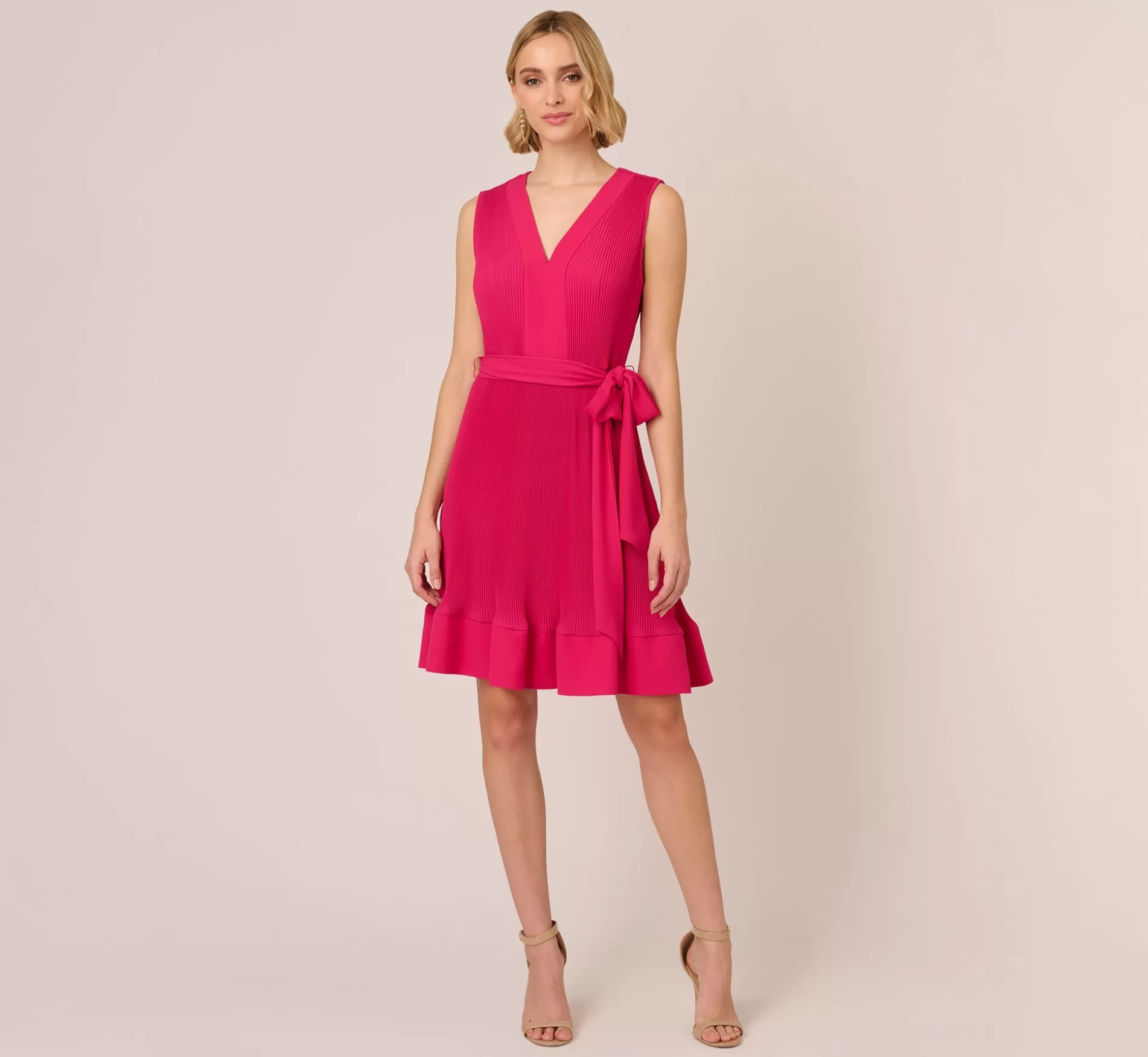 Shop Sleeveless Pleated Dress With Self Tie Waist In Hot Pink Formal | Day Dresses