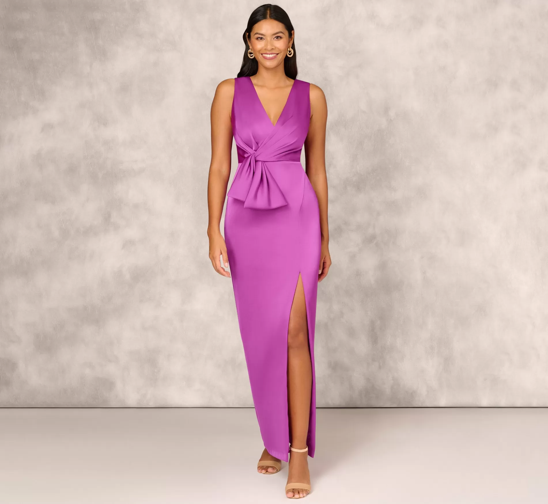 Flash Sale Sleeveless Satin Crepe Column Gown With Bow Waist In Wild Orchid Long Dresses | Formal