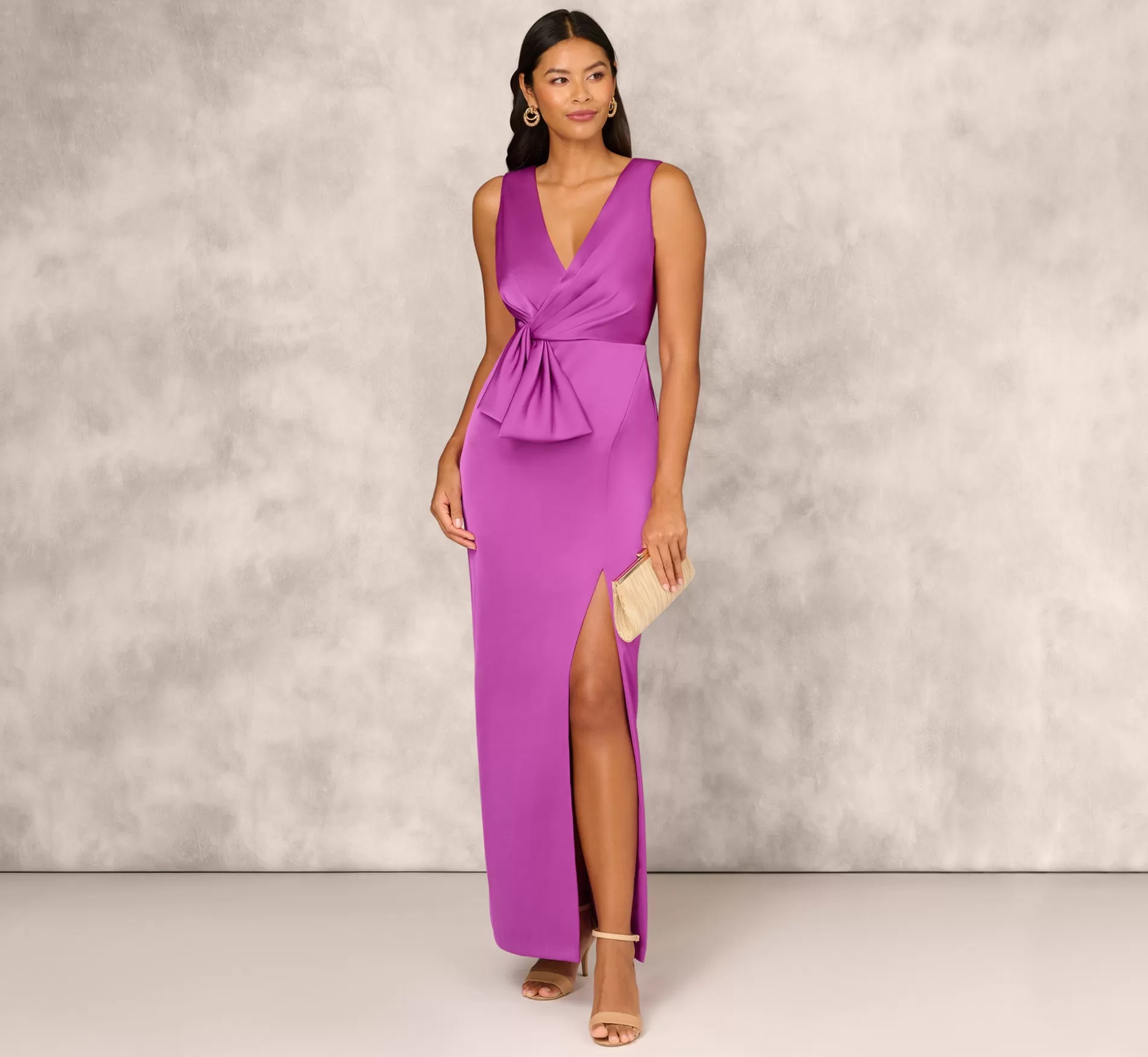 Flash Sale Sleeveless Satin Crepe Column Gown With Bow Waist In Wild Orchid Long Dresses | Formal