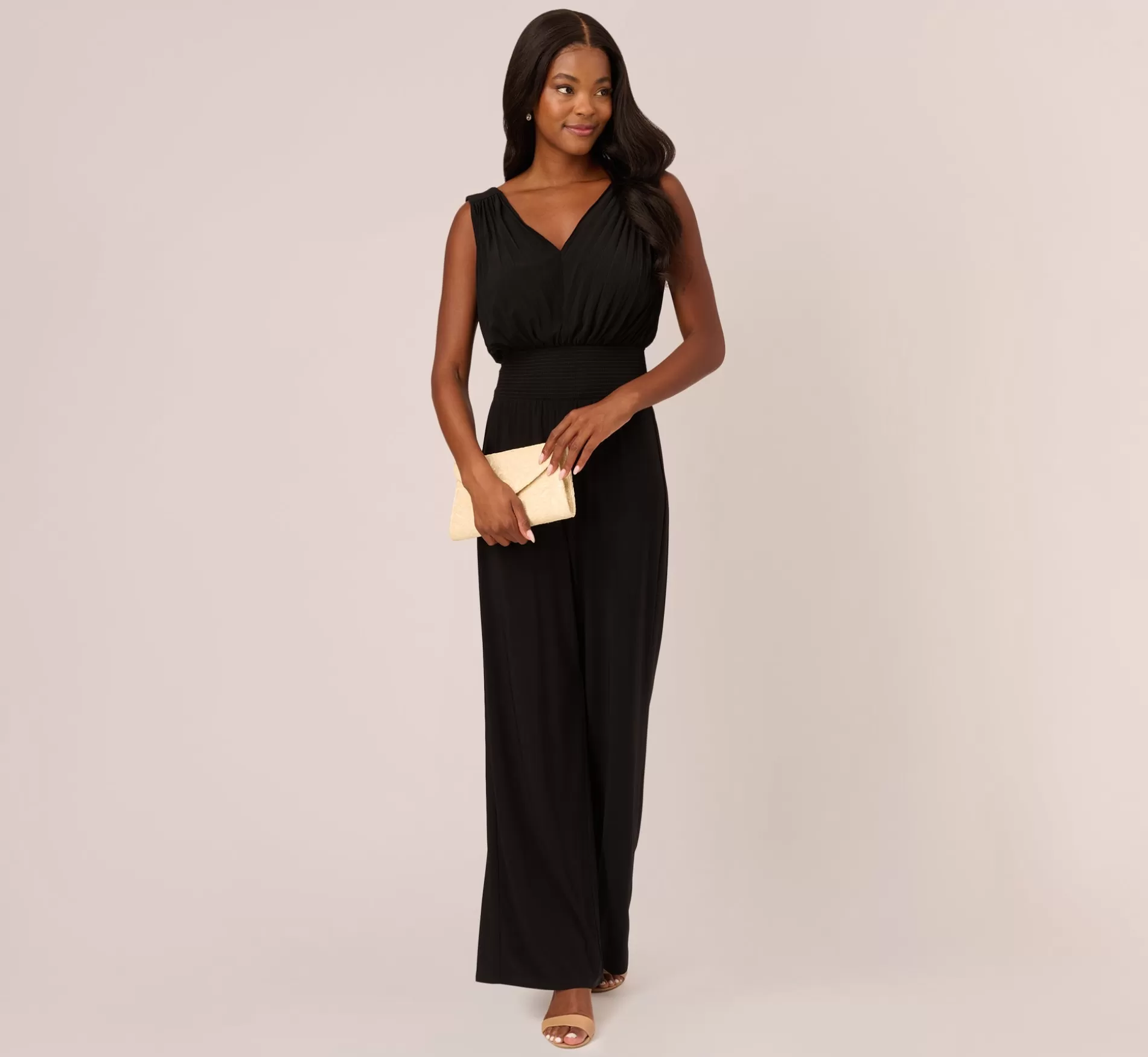 Cheap Sleeveless Smocked Jumpsuit With V-Neckline In Black Jumpsuits | Day Dresses