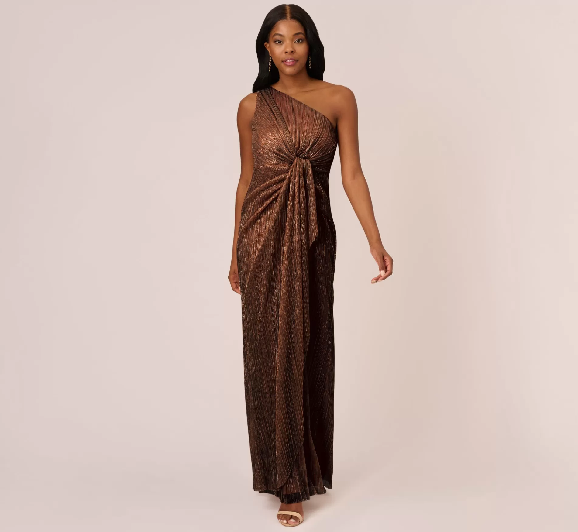 Flash Sale Stardust Pleated Draped One Shoulder Gown In Copper Long Dresses | Black Tie