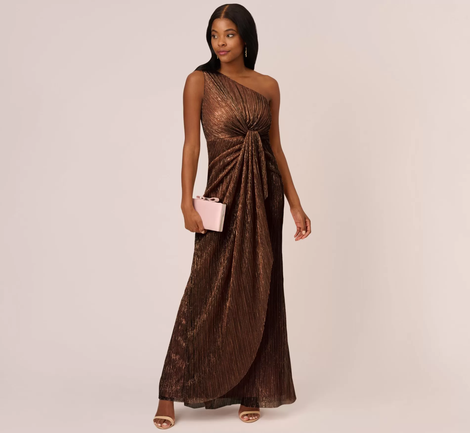 Flash Sale Stardust Pleated Draped One Shoulder Gown In Copper Long Dresses | Black Tie