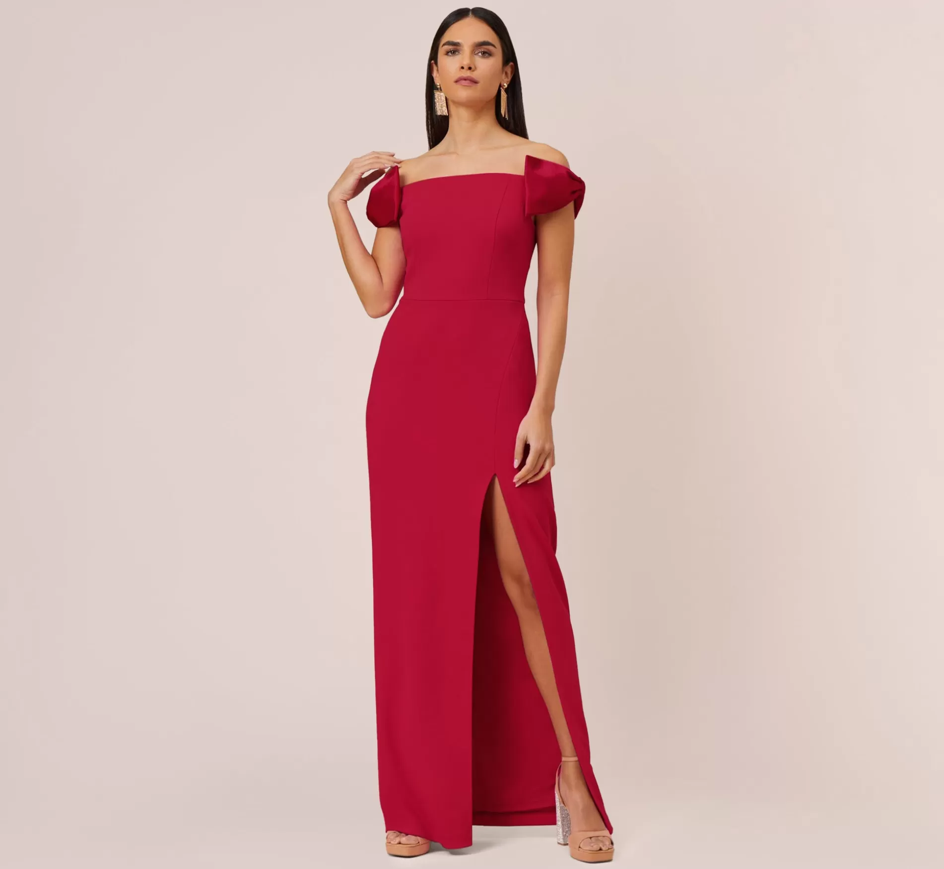 Fashion Stretch Crepe Off-The-Shoulder Long Column Gown With Bows In Matador Red Long Dresses